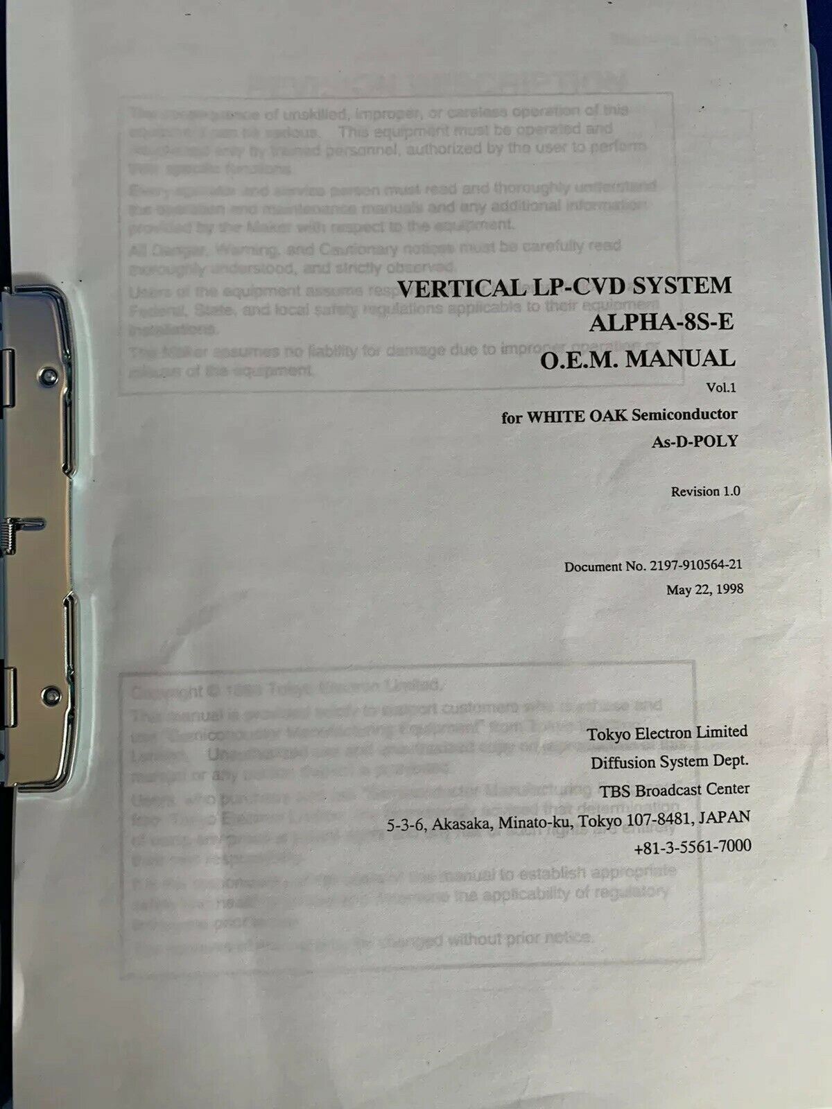 Tokyo Electron ALPHA-8S-E Vertical LP-CVD As-D-POLY O.E.M. Manual Volume 1, Used
