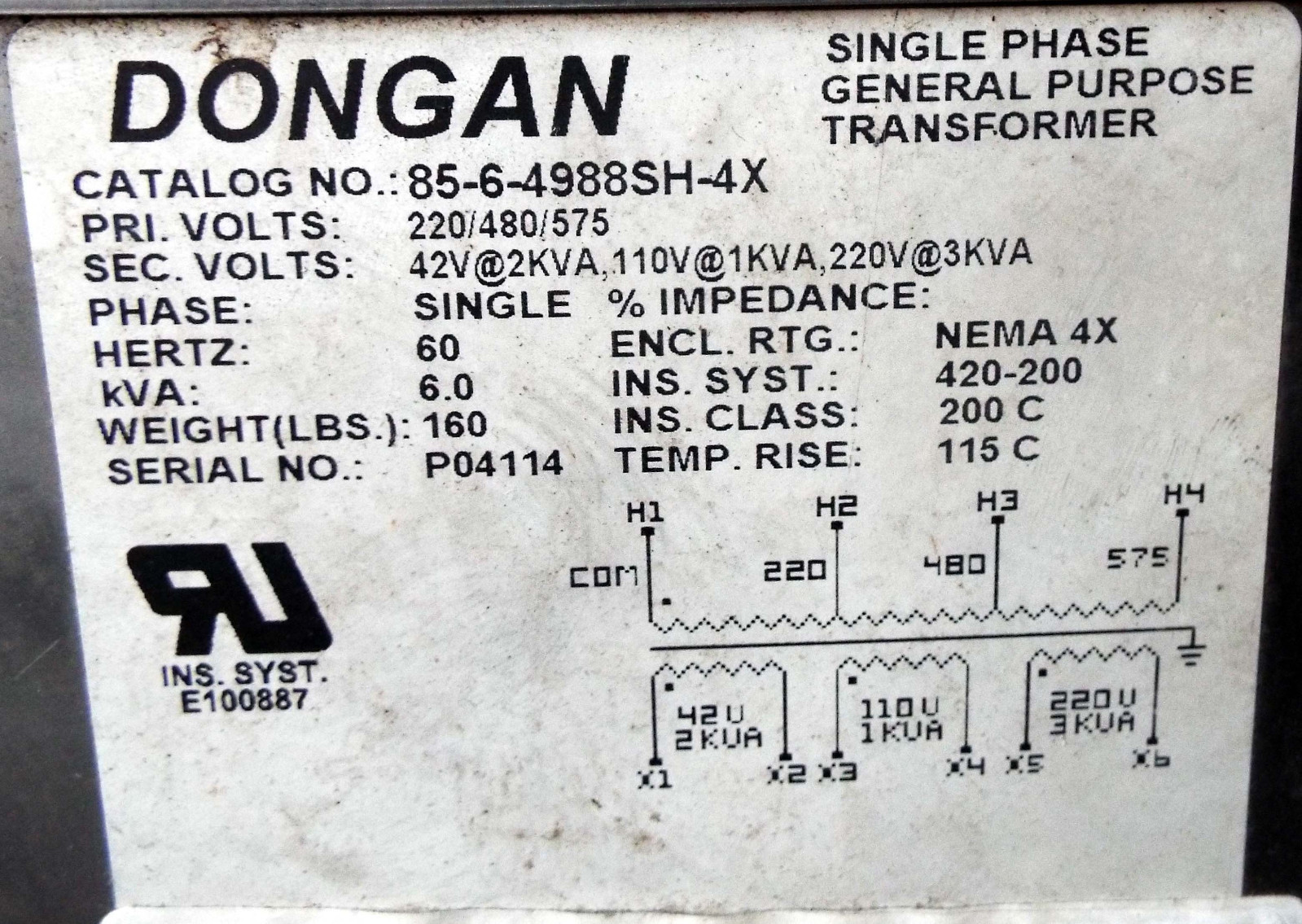1 USED DONGAN 85-6-4988SH-4X GENERAL PURPOSE TRANSFORMER ***MAKE OFFER***