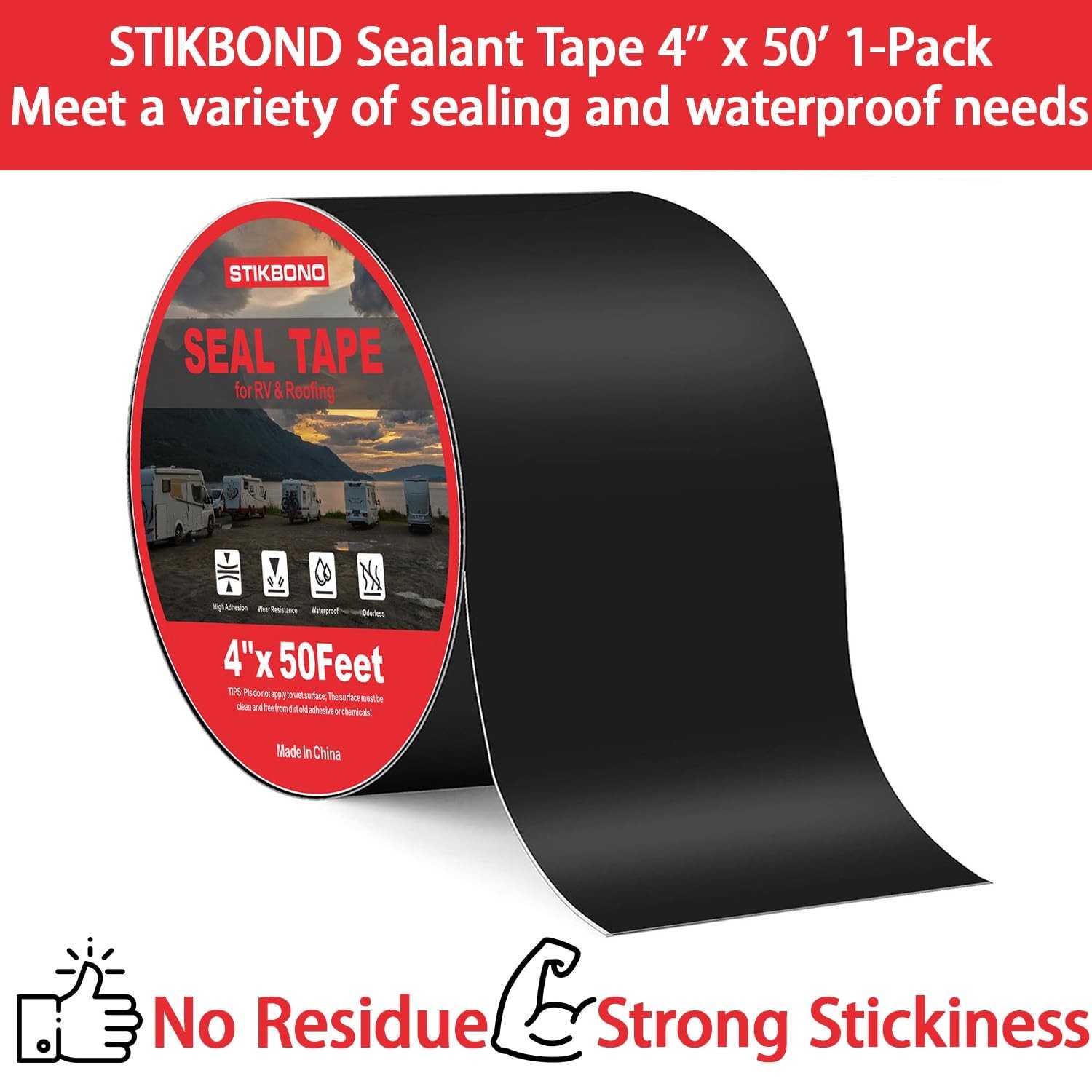 4″ x 50Ft 1-Pack Black RV Sealant Tape,Waterproof Commercial Roof Tape for Wa
