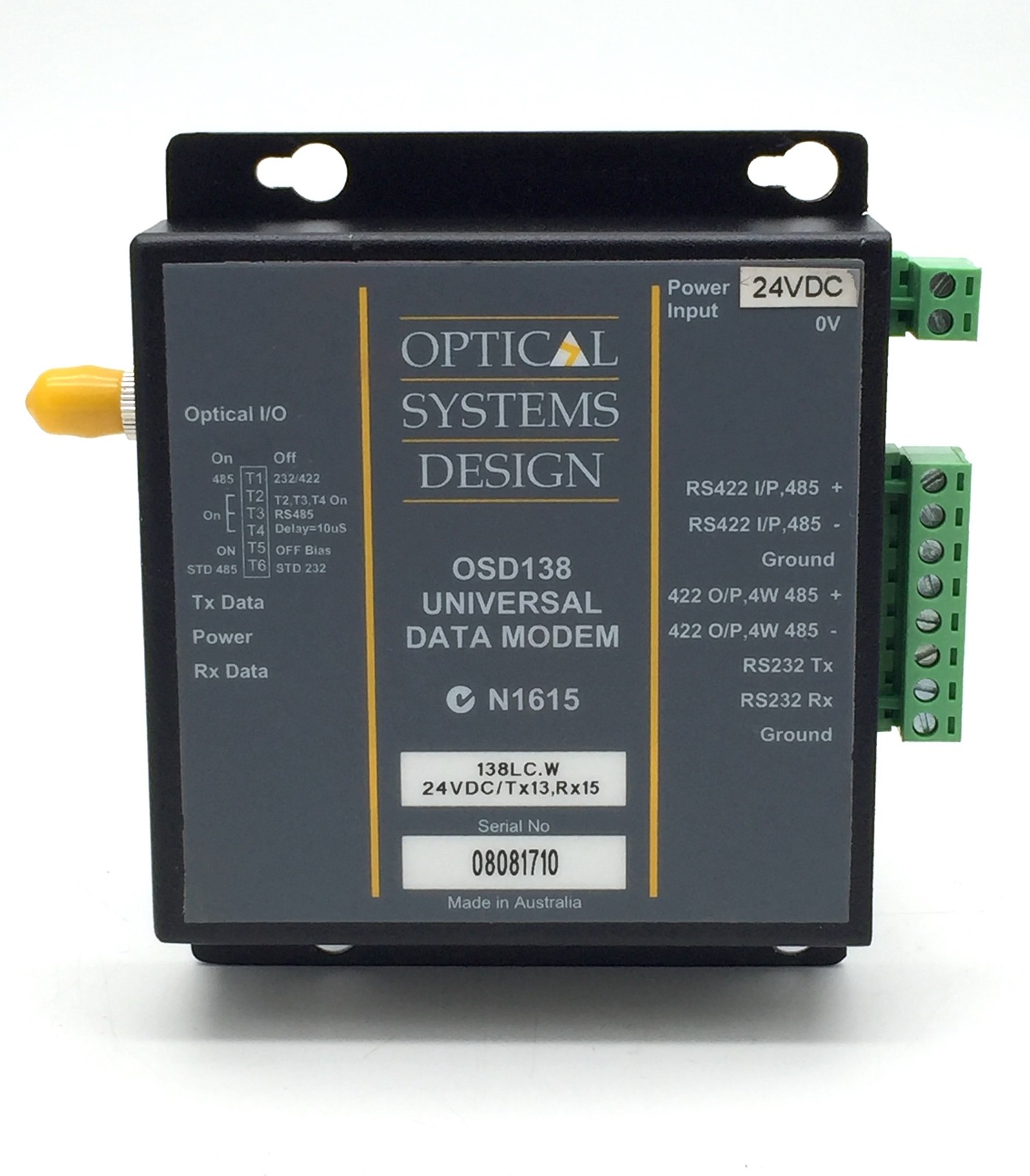 Optical Systems Design OSD138LC.W RS422 Data Modem 138LC.W/Tx13/Rx15 24VDC