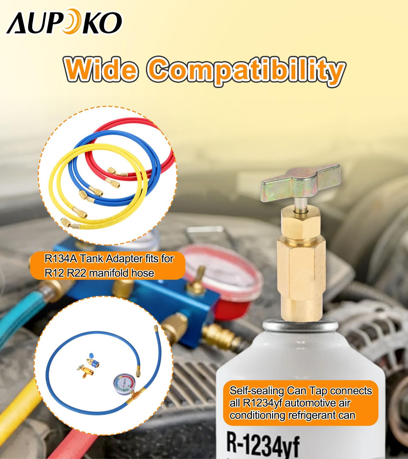 R1234YF Self-Sealing Can Tap with R134A Tank Adapter, 1/2 to 1/4 SAE Refrigerant