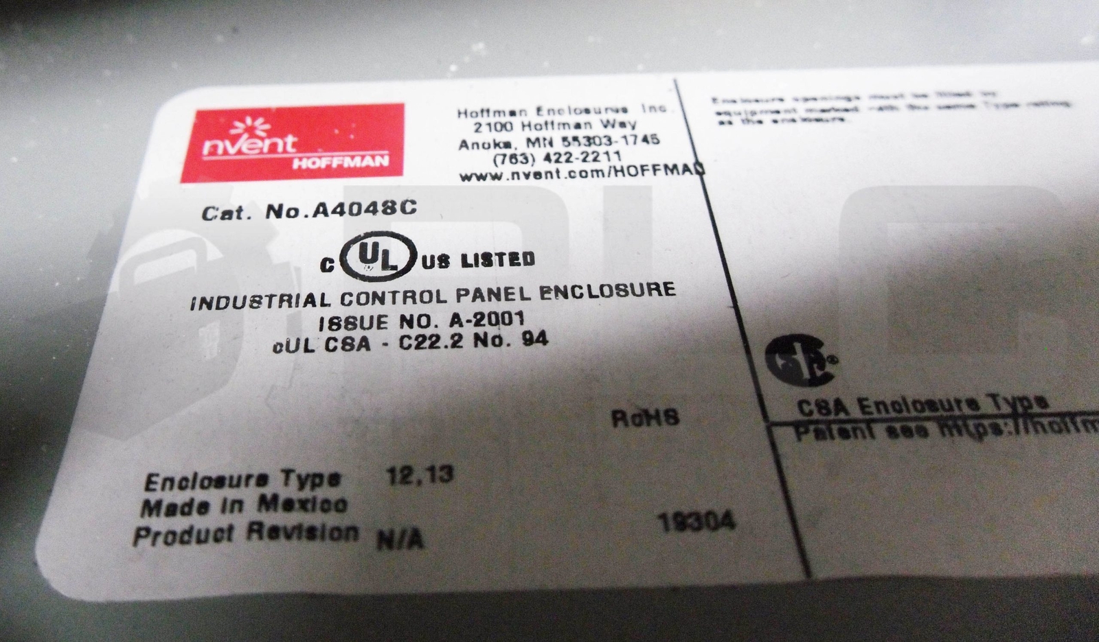 HOFFMAN A4048C INDUSTRIAL CONTROL PANEL ENCLOSURE 4-1/4″ X 4-1/4″ X 3-1/4″