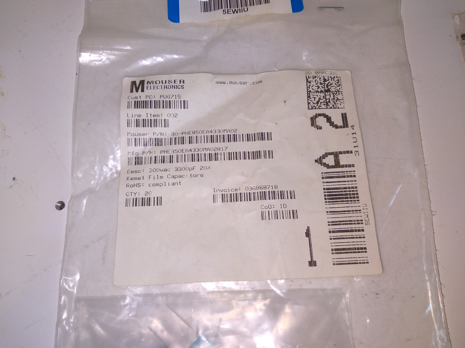 MOUSER 80-PHE850EA4330MA0 300VAC 3300PF 20% KEMET FILM CAPACITORS … LOT OF 5
