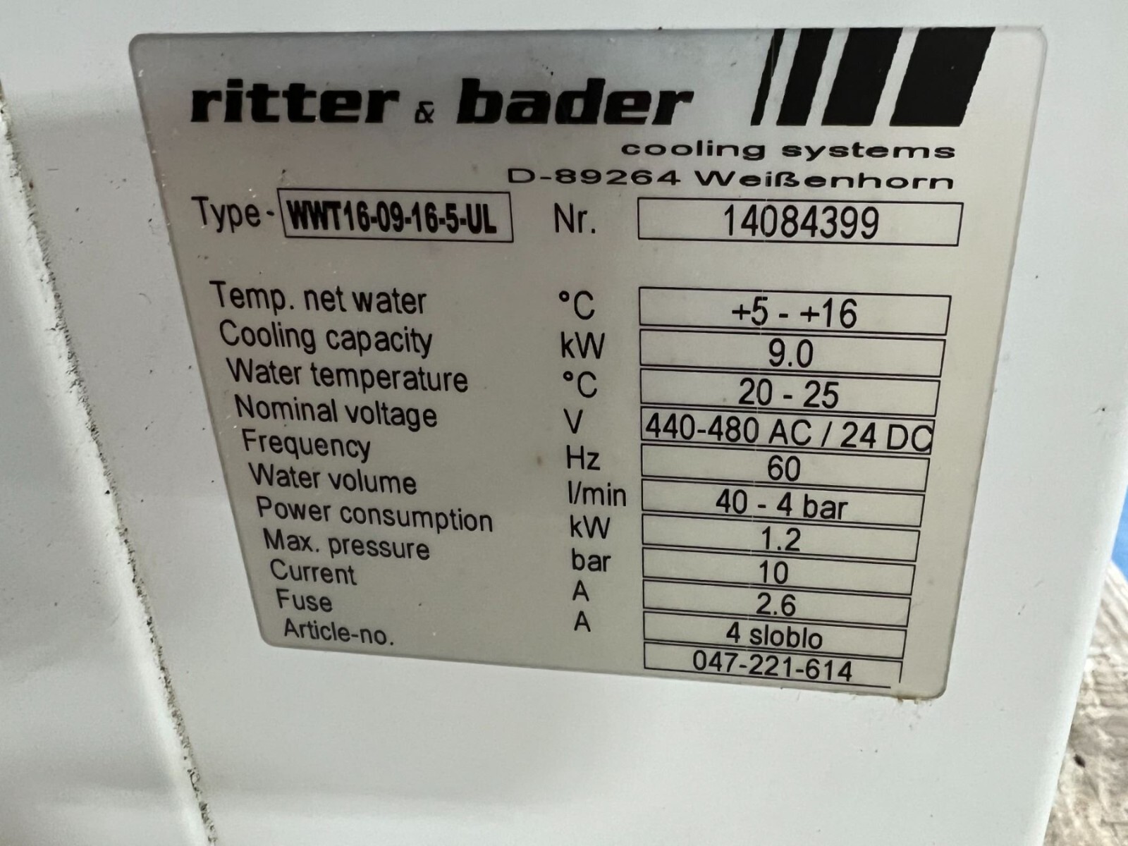 Ritter & Bader #WWT16-09-16-5-UL Water Chiller w/Grundfos #MTR3-6/6 B-W-A-HUUV P