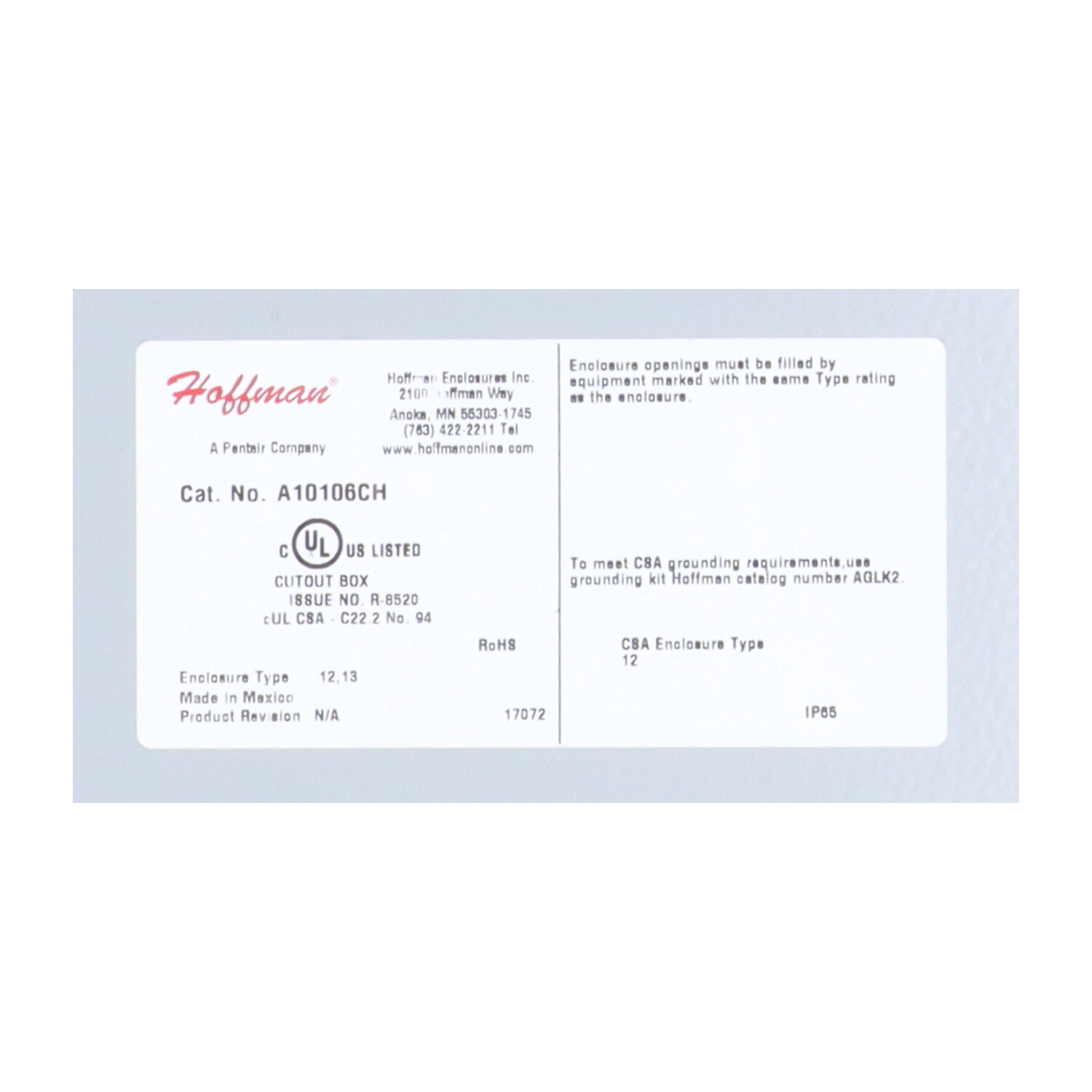 Hoffman A10106CH Enclosure Type 12, 13 New NMP