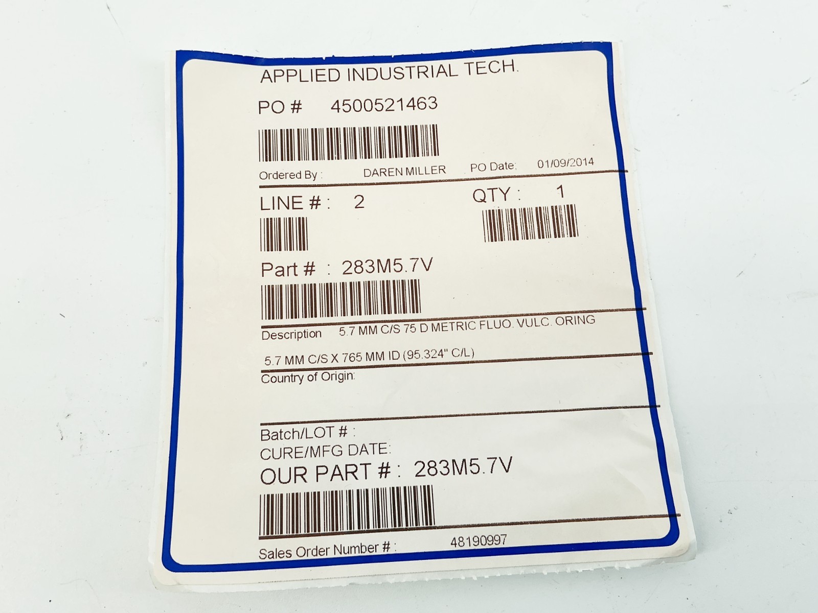 New Applied Industrial Technologies 283M5.7V O-Ring 5.7MM C/S 75 D Metric FLUO