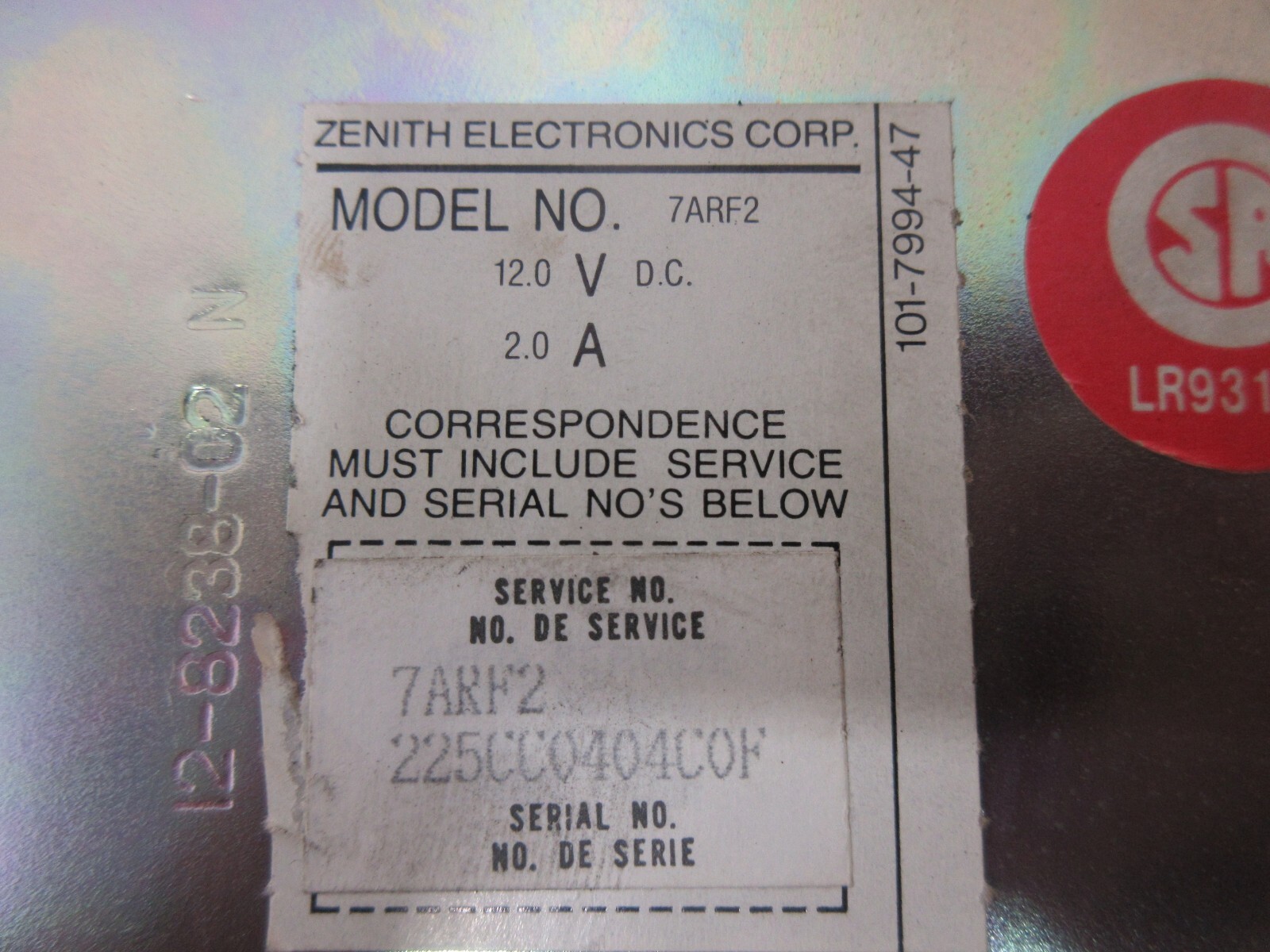 ZENITH DISPLAY MONITOR 7ARF2 12.0V DC 2.0A 7ARF2 225CC0404C0F WARRANTY
