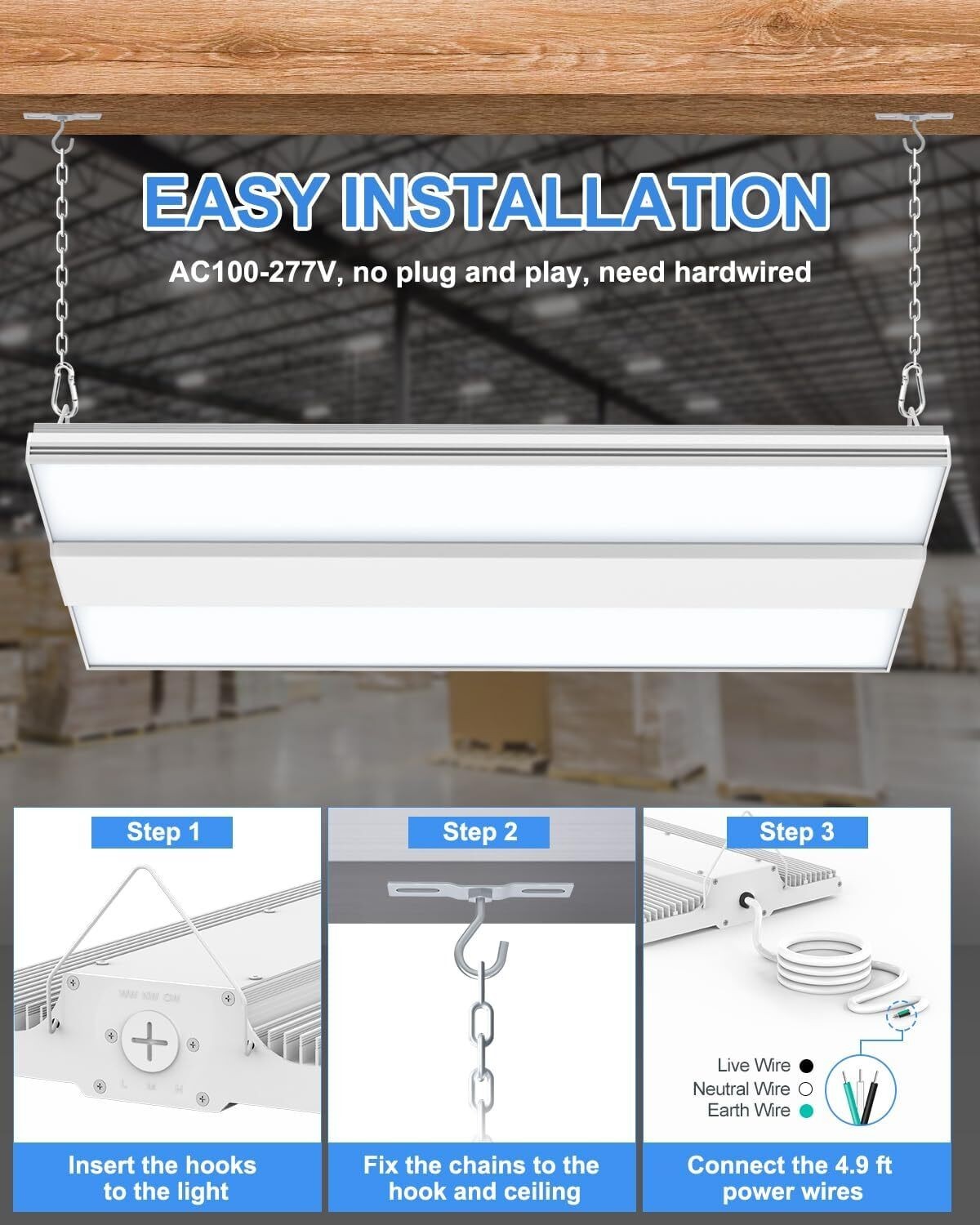 300W LED Linear High Bay Light Warehouse Garage Shop Fixture 4.5/5/5.7K 3 CCT