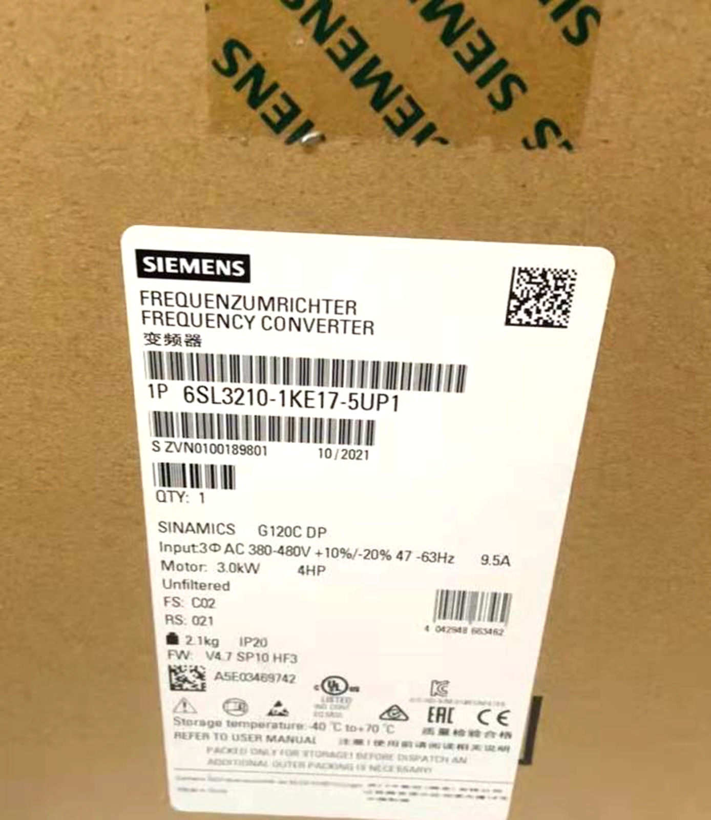 NEW Siemens 6SL3210-1KE17-5UP1 SINAMICS G120C FSA RATED POWER 3,0KW