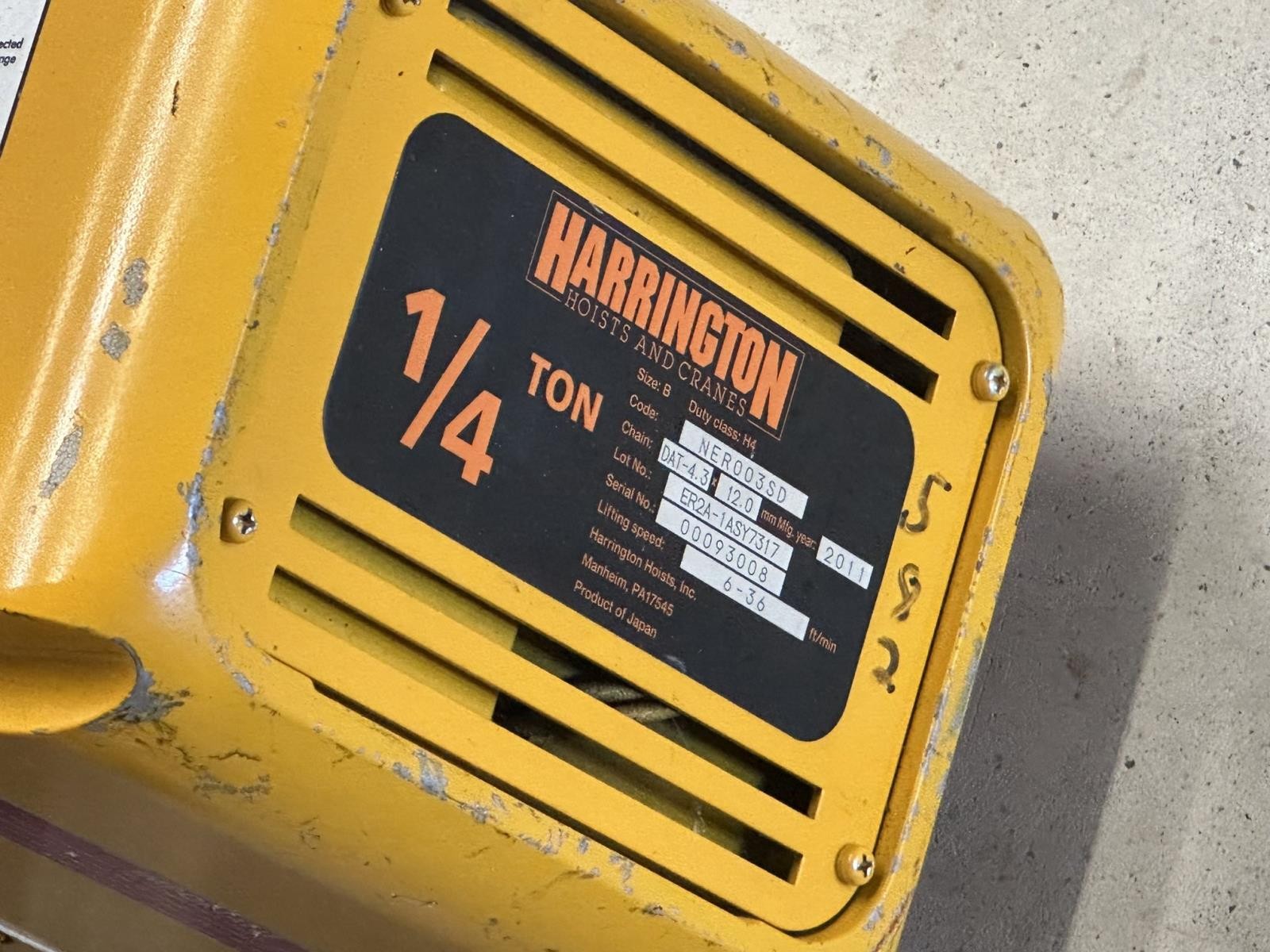 Harrington 1/4 Ton 500 lbs Electric Chain Crain Hoist NER003SD 3 Phase w/ Remote
