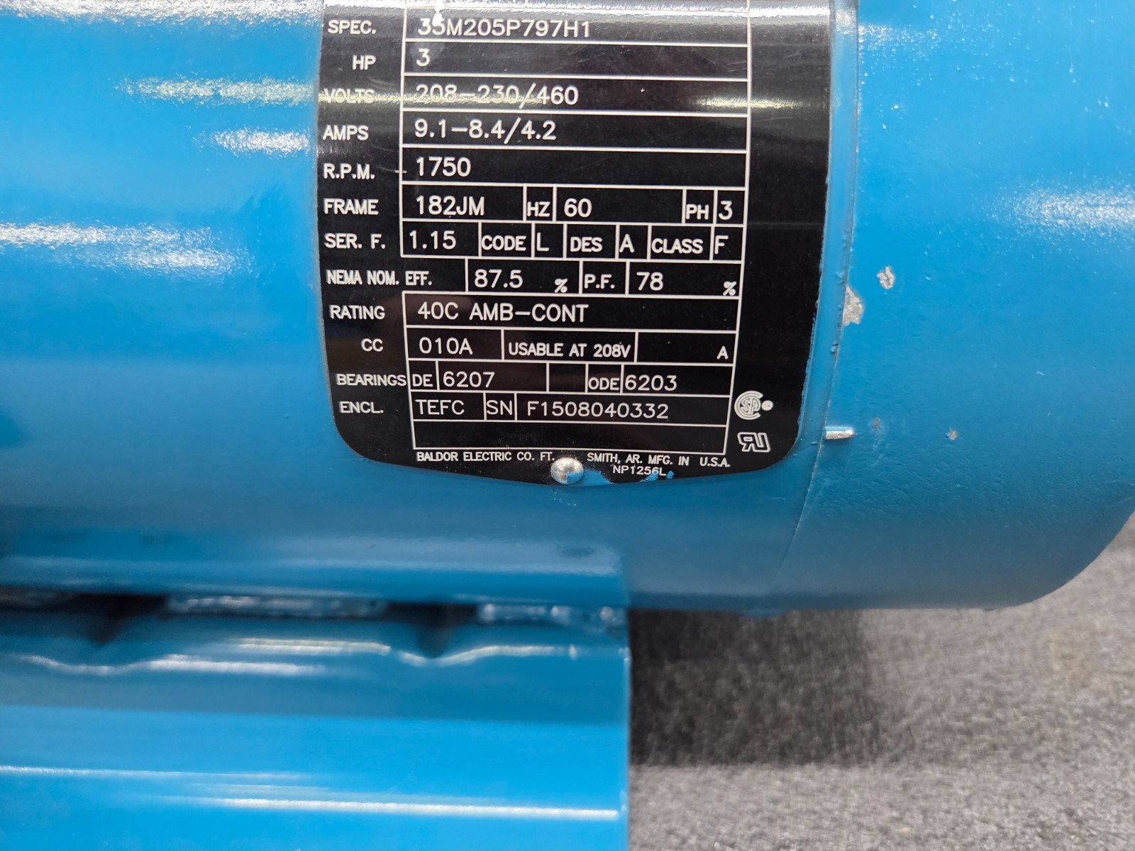 BALDOR Electric Pump Motor, 3 HP, 230/460V, 3 Phase, 1750 RPM, 182JM, JMM3611T