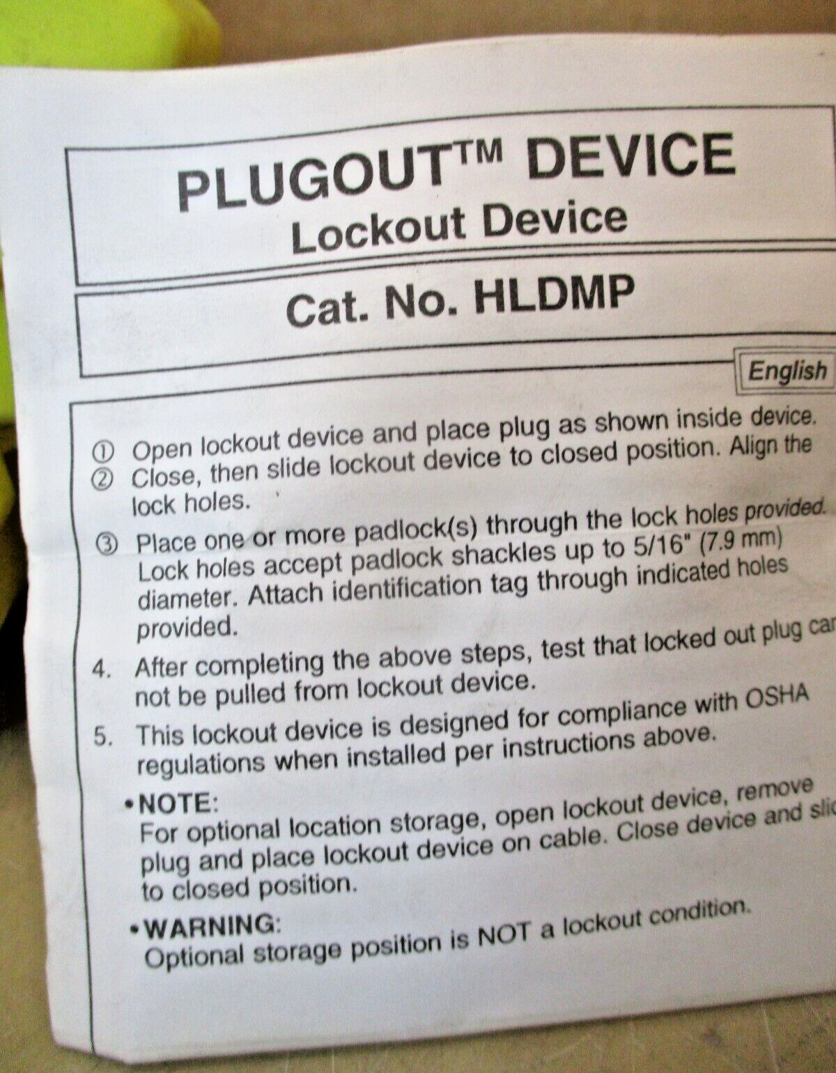 Hubbell HLDMP Lockout Device High Visibility Yellow Plugout Lot of 2 Pcs 1384OMF