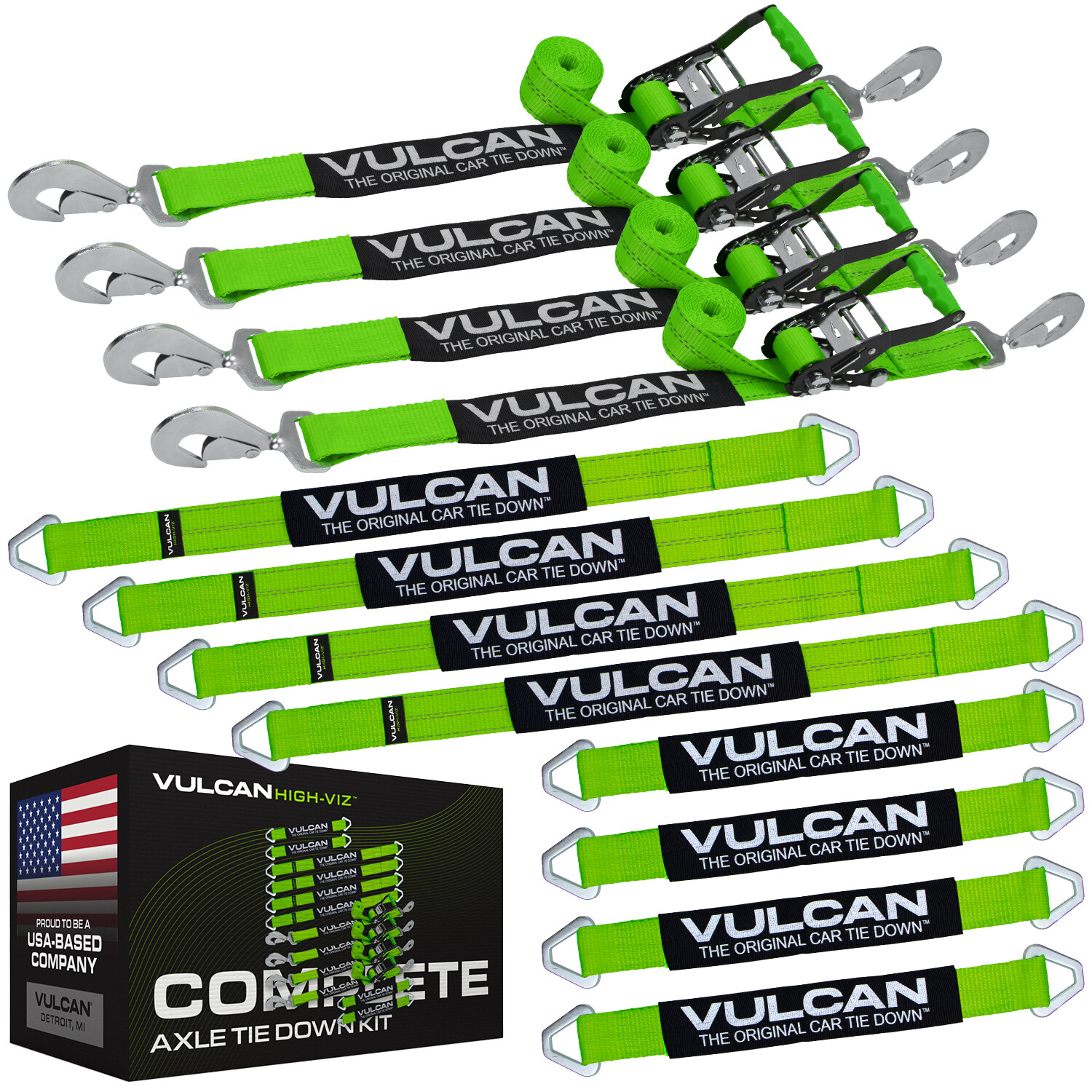 VULCAN High-Viz Reflective Axle Strap Tie Down Kit – Snap Hook Ratchet Straps