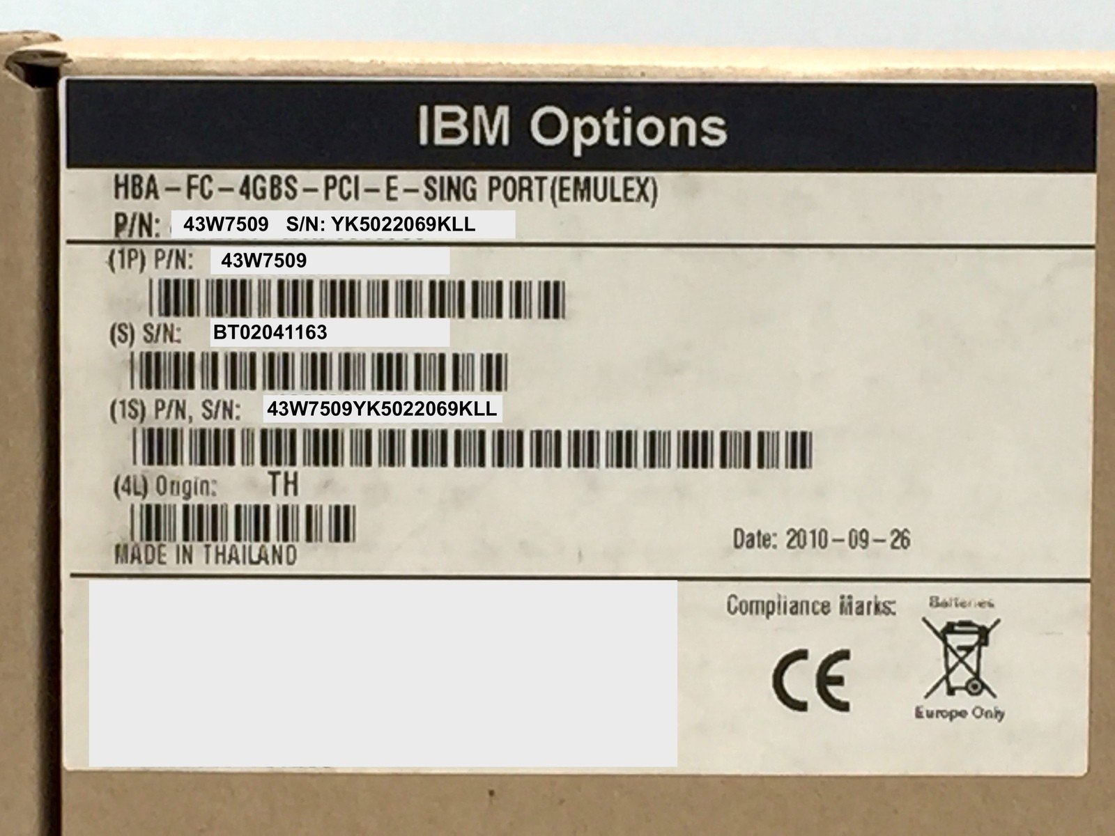 IBM Emulex 4GB FC Single Port PCI-E HBA 43W7509 Rev 4.0 for IBM System X