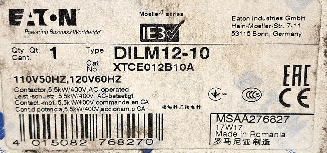 EATON CONTACTOR 110/120V AC 50/60HZ 3PH 600V MAX 20A DILM12-10 XTCE012B10A