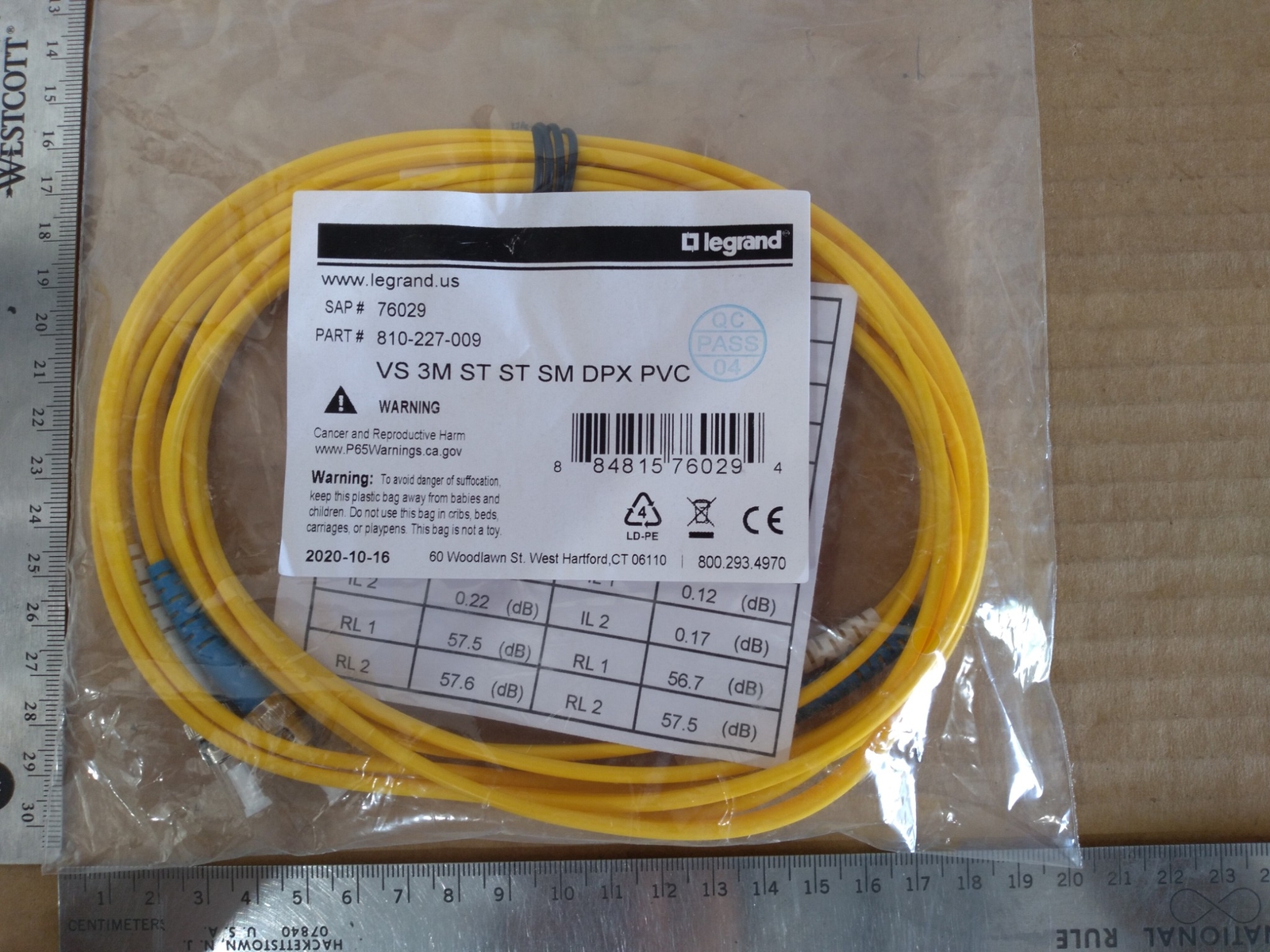 LEGRAND 810-227-009 VS 3M ST ST SM DPX PVC PATCH CORD FIBER OPTIC