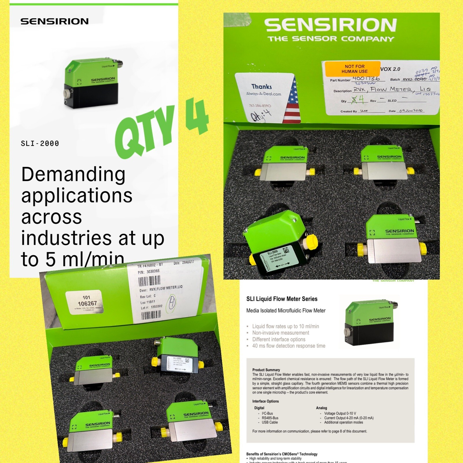 Sensirion Liquid Flow Meter SLI-2000 Qty 4 Sensors Precision Water RVX LIQUID