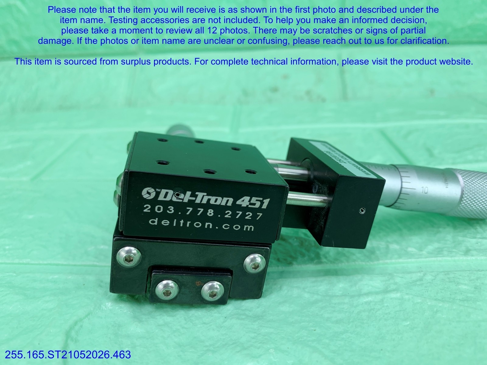 Del-Tron 451 Linear Positioning Stage&Micrometer as in photos, sn:9196, DHL