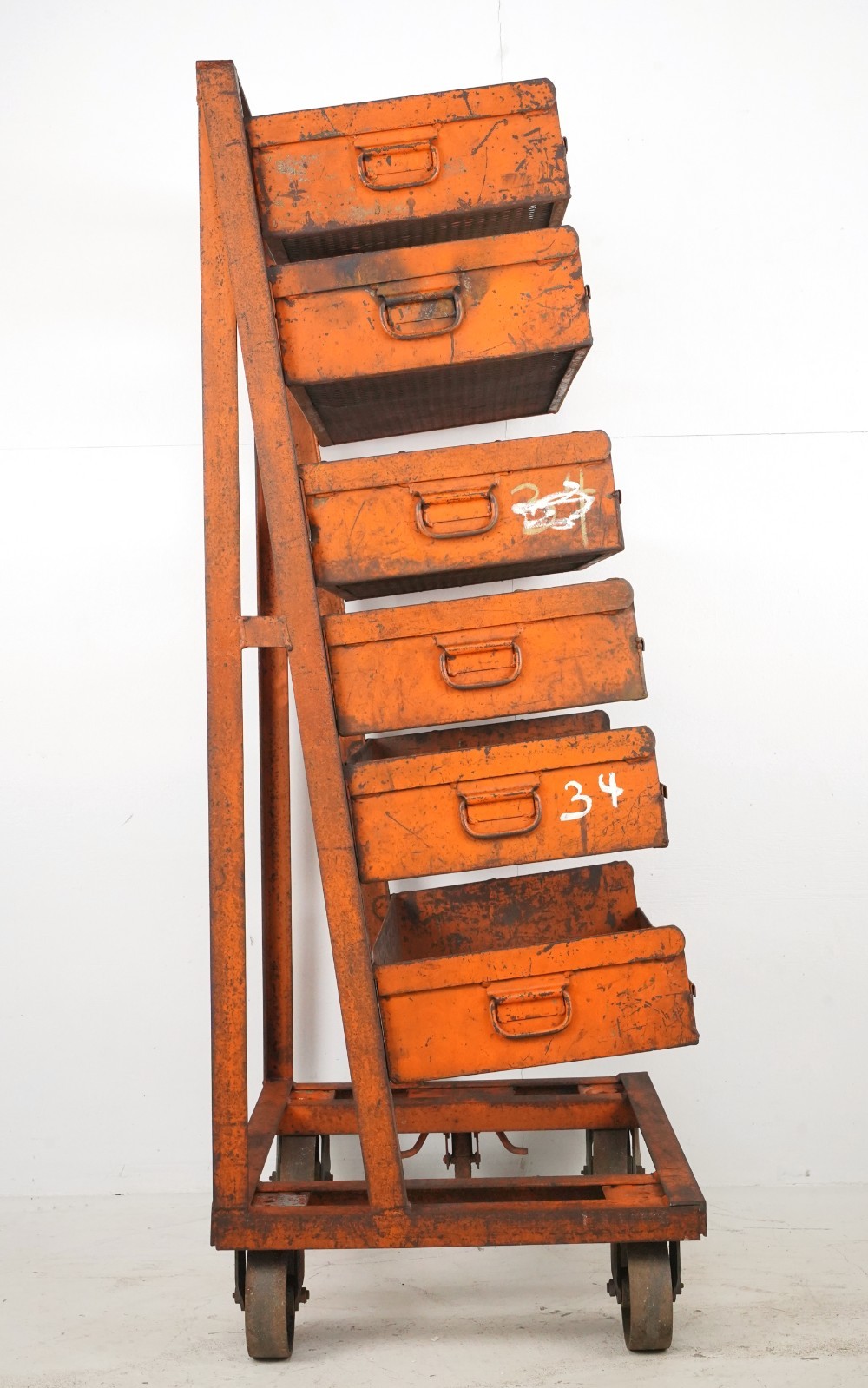 Industrial Six Tray Orange Steel Rolling Cart