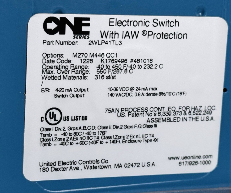 United Electric 2WLP41T3 / 2WLP41 One Series Electronic Temperature Switch
