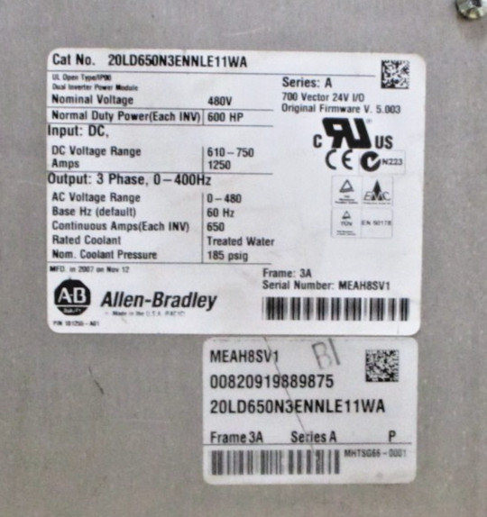 20LD650N3ENNLE11WA Allen Bradley PowerFlex 700L 600HP Frame 3A A9088AH