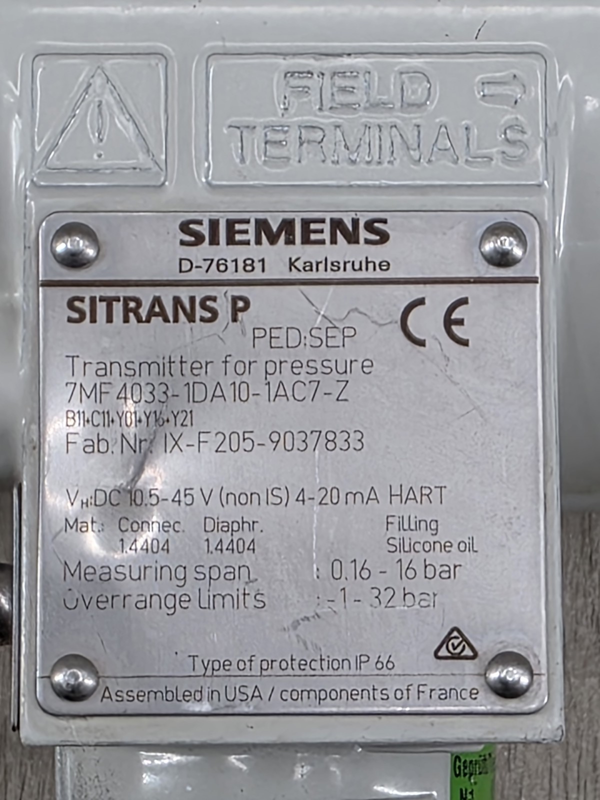Siemens Sitrans P 7MF4233-1GA10-1NC6-Z Transmitter for Pressure 48975LIN