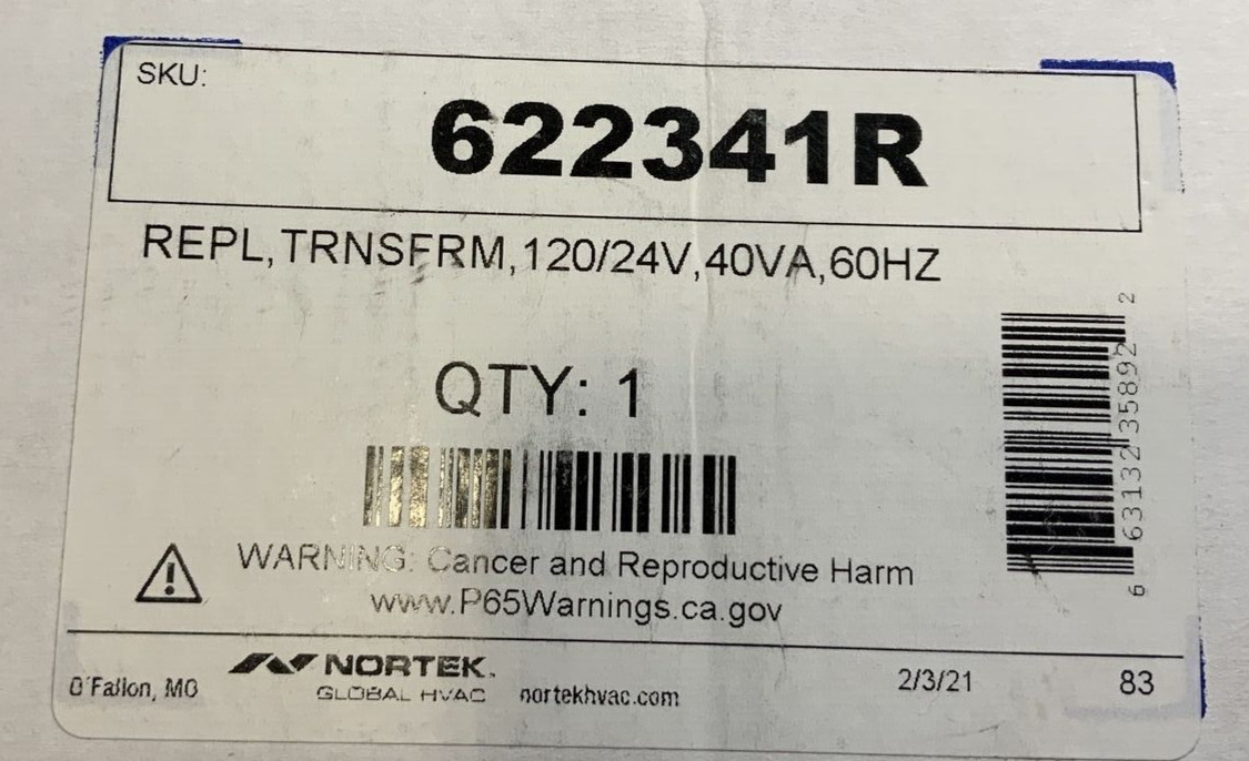 NORDYNE/PARTNERS CHOICE 622341R REPL, TRNSFRM, 120/24V, 40VA, 60HZ