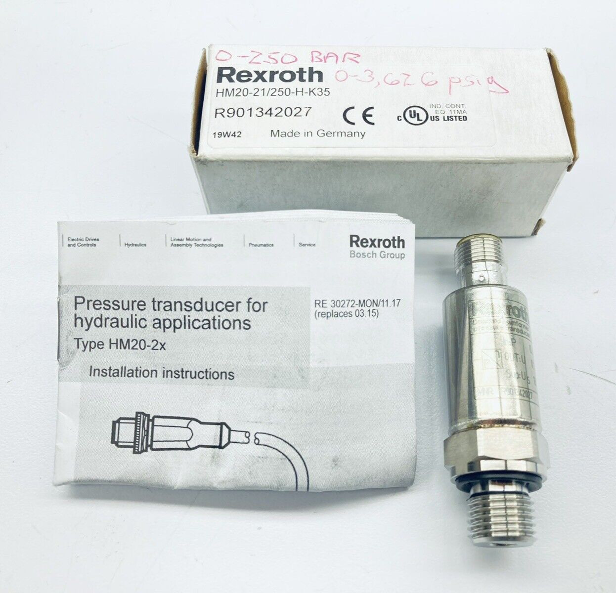 UNUSED REXROTH R901342027 PRESSURE TRANDSDUCER SENSOR 0-250BAR HM20-21/250-H-K35