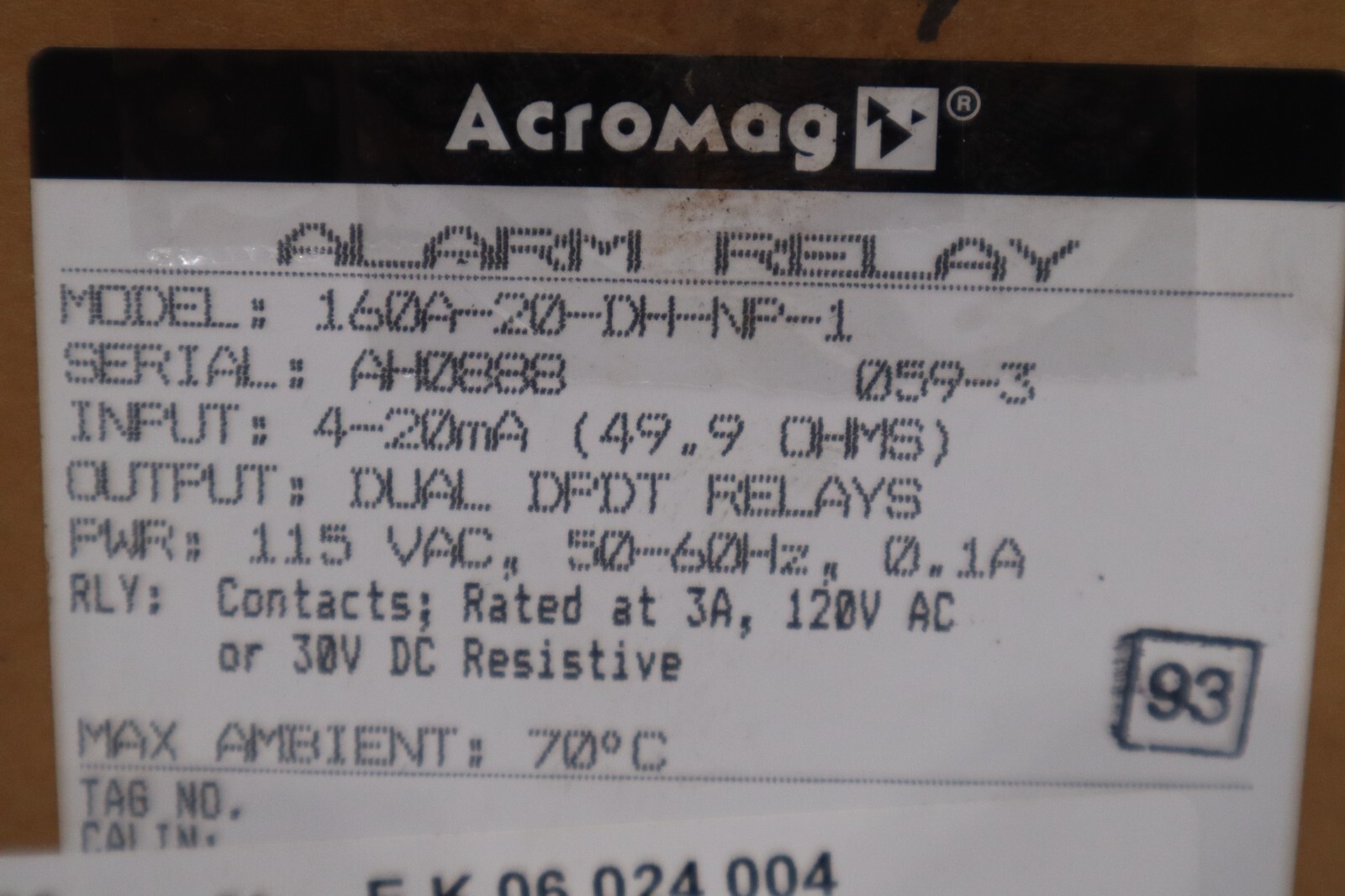 ACROMAG ALARM RELAY 160A-20-DH-NP-1 MAX AMBIENT: 70 DEGREES CELCIUS NEW #G331