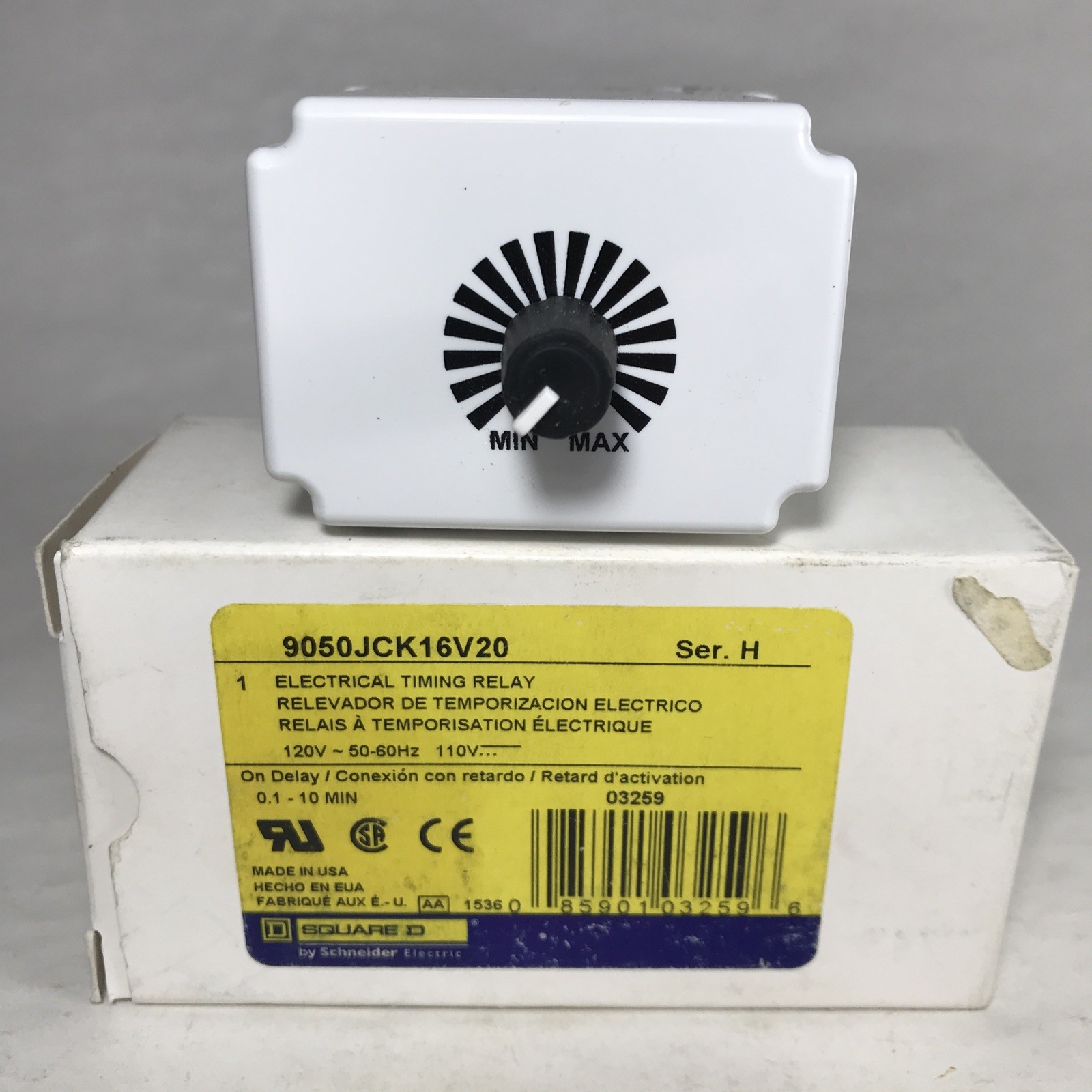 SQUARE D 9050JCK16V20 ELECTRICAL TIMING RELAY 0.1-10MIN Ser H On Delay 120v