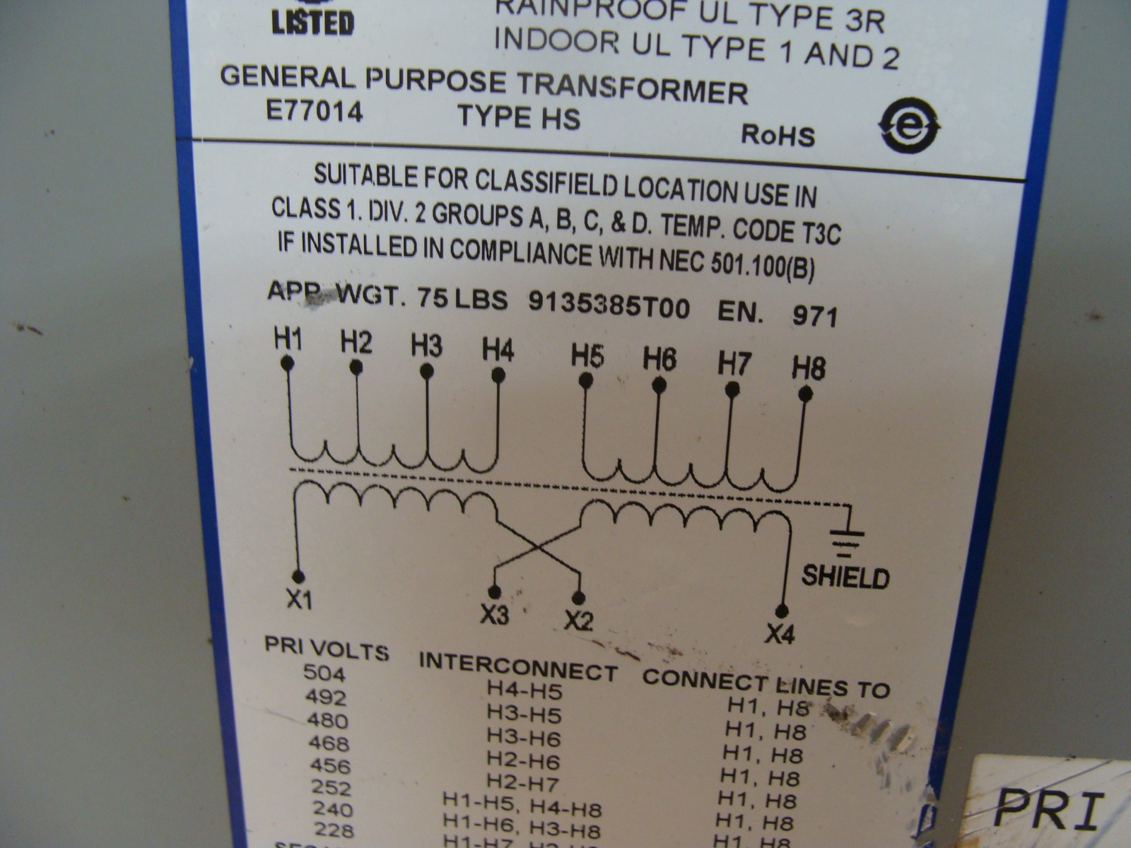 EMERSON HEVI-DUTY TRANSFORMER HS5F3AS PRI 240 X 480V SEC 120/240V 1PH 3KVA