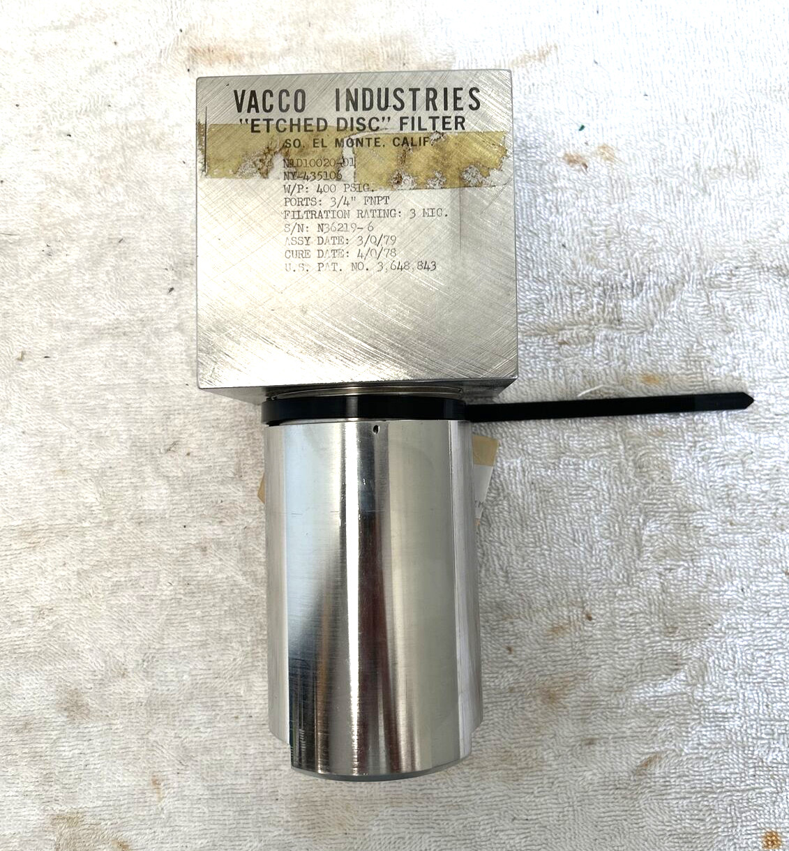 Vacco Industries Etched Disc Filter N1D10020-01; 3/4″ ports; 400 psi, 3mic.