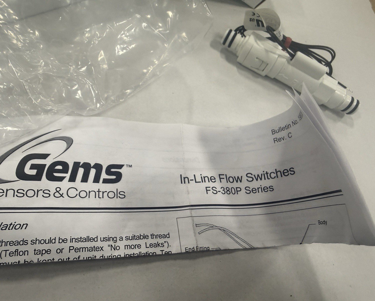 Gems FS‑380P Inline Flow Switch – Model 203206 – 0.15 GPM – NEW in Box