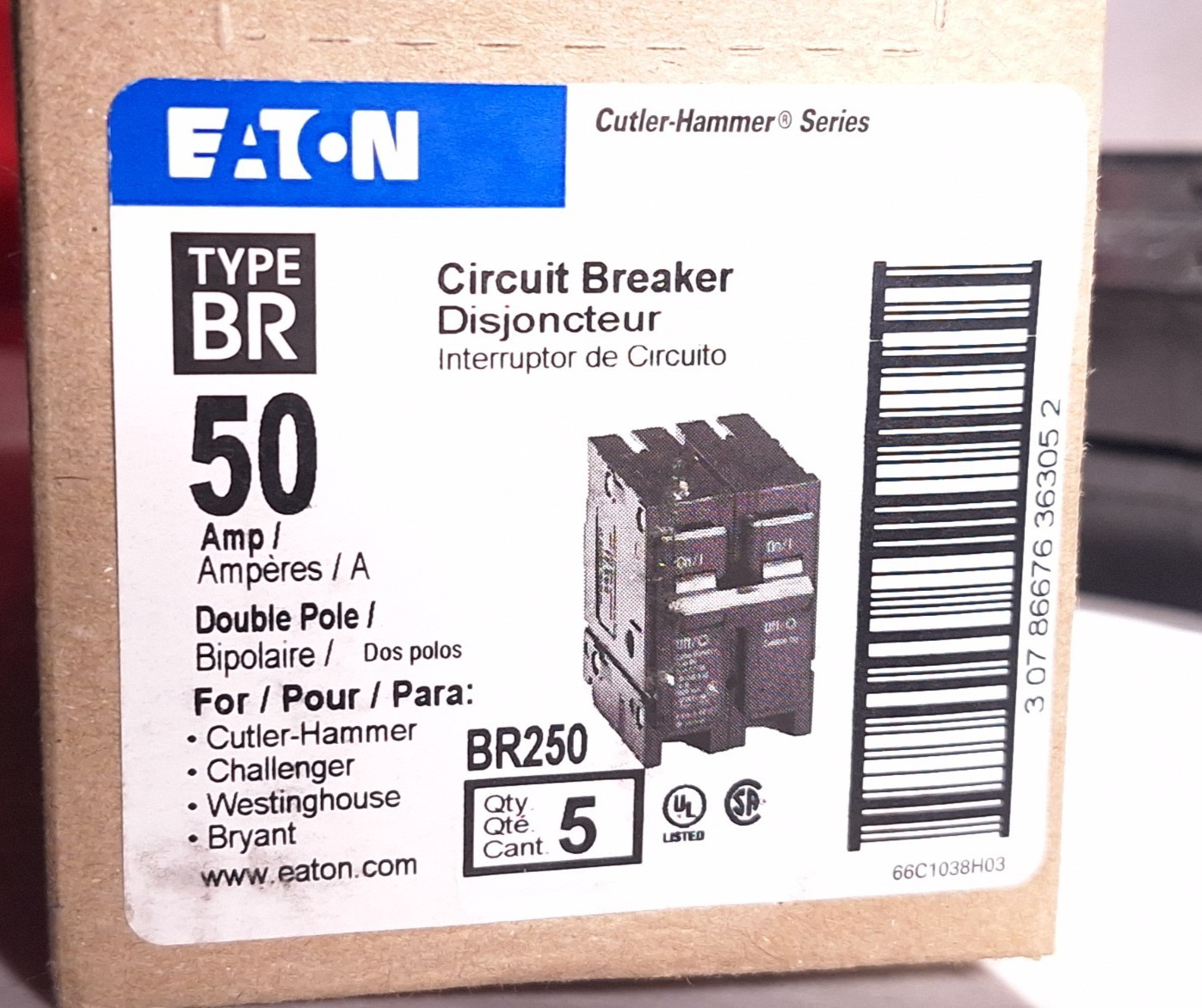 EATON CUTLER HAMMER BR250 CIRCUIT BREAKER 50A 2P 120/240V 50/60Hz – 6 AVAILABLE