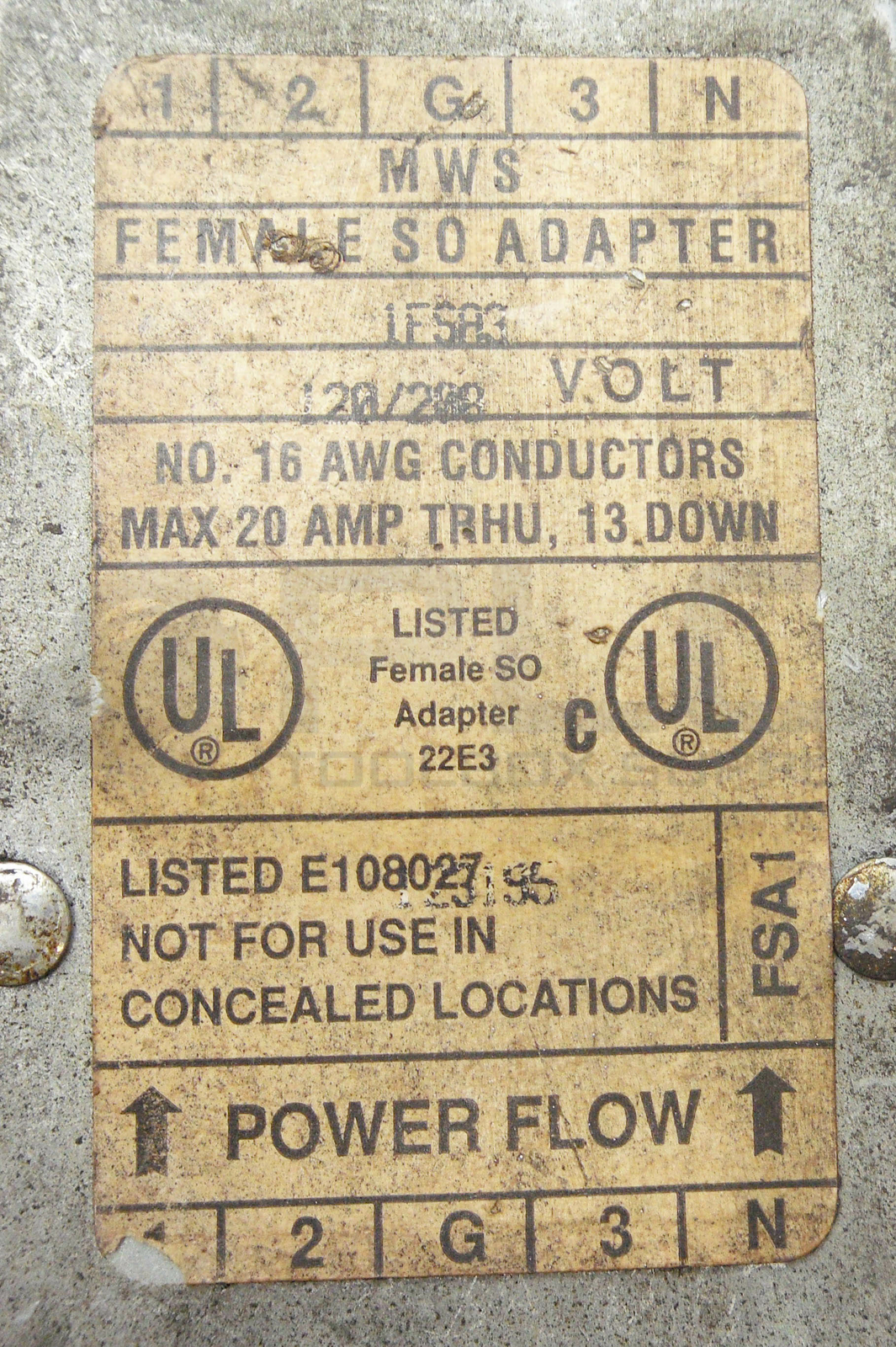 MWS 1FSA3 FEMALE SO ADAPTER NO.16 AWG CONDUCTORS MAX 13AMP 120-208V
