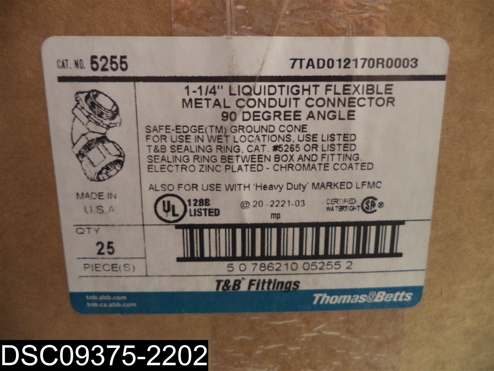 QTY=125 (5 Boxes of 25): 5255 T&B 1-1/4″ Liquid Tight Flexible Conduit Connector
