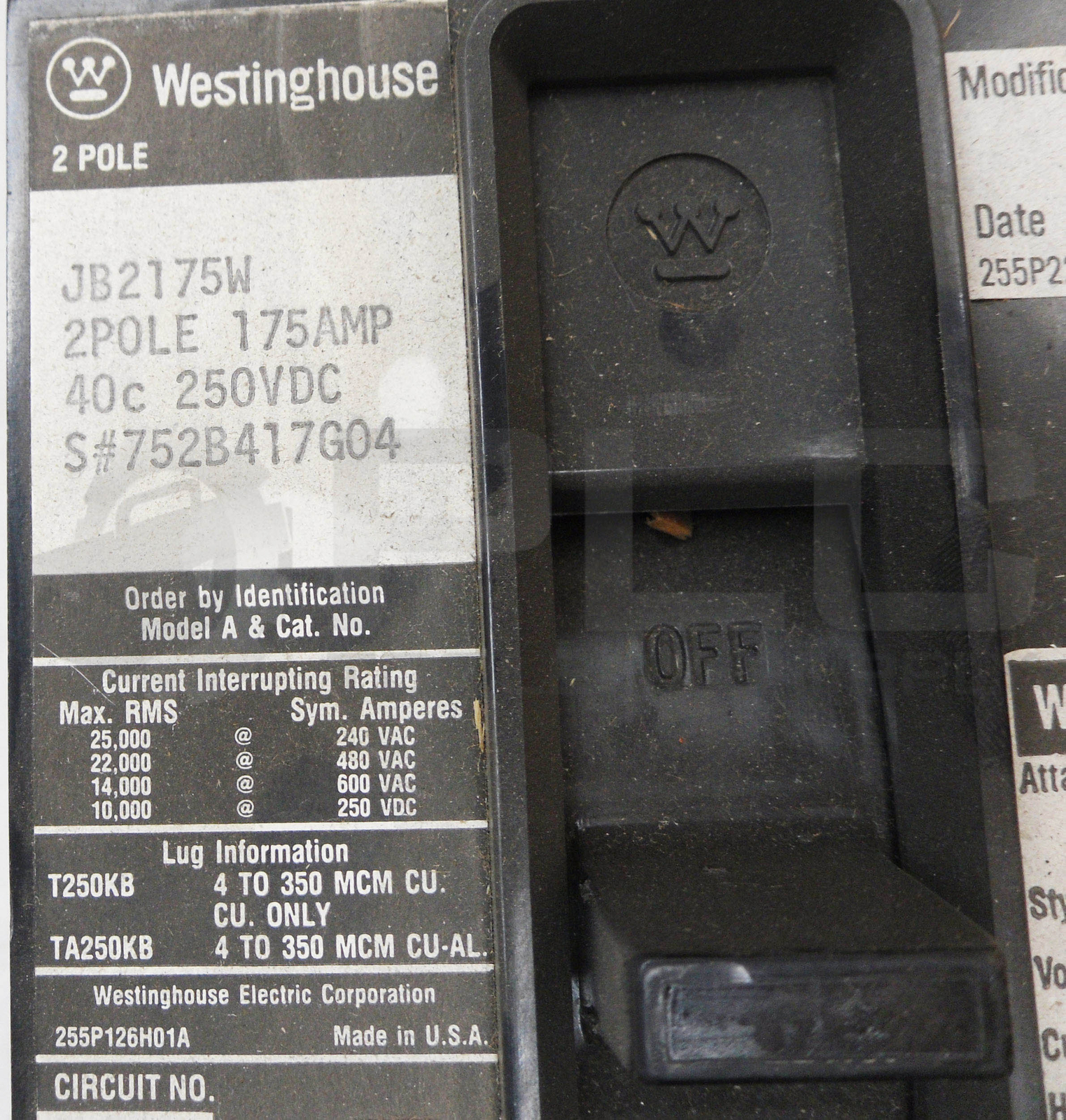 NEW WESTINGHOUSE JB2175W CIRCUIT BREAKER 2 POLE 175A 600VAC 250VDC *READ*