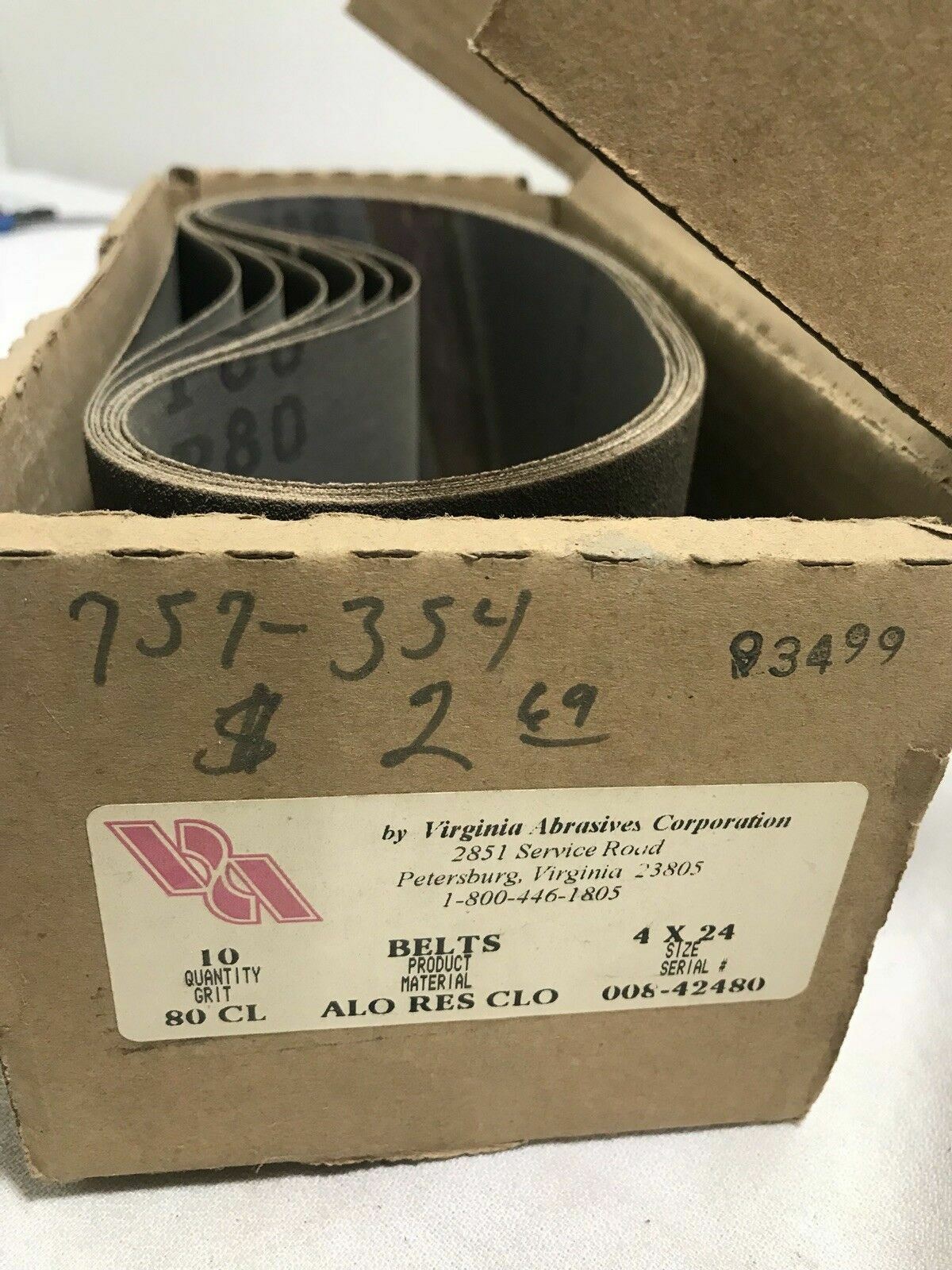 Virginia Abrasives 757-354 4×24 80 CL Sanding Belt ALO RES CLO 008-42480