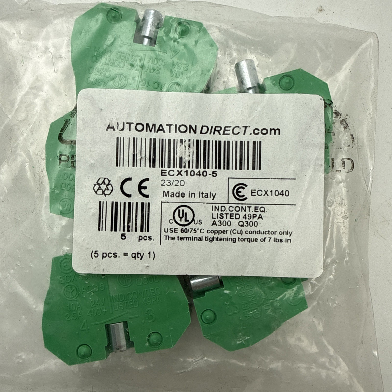 LOT OF 5 NEW NO BOX! AUTOMATIONDIRECT 1NO GREEN CONTACT BLOCKS ECX1040-5