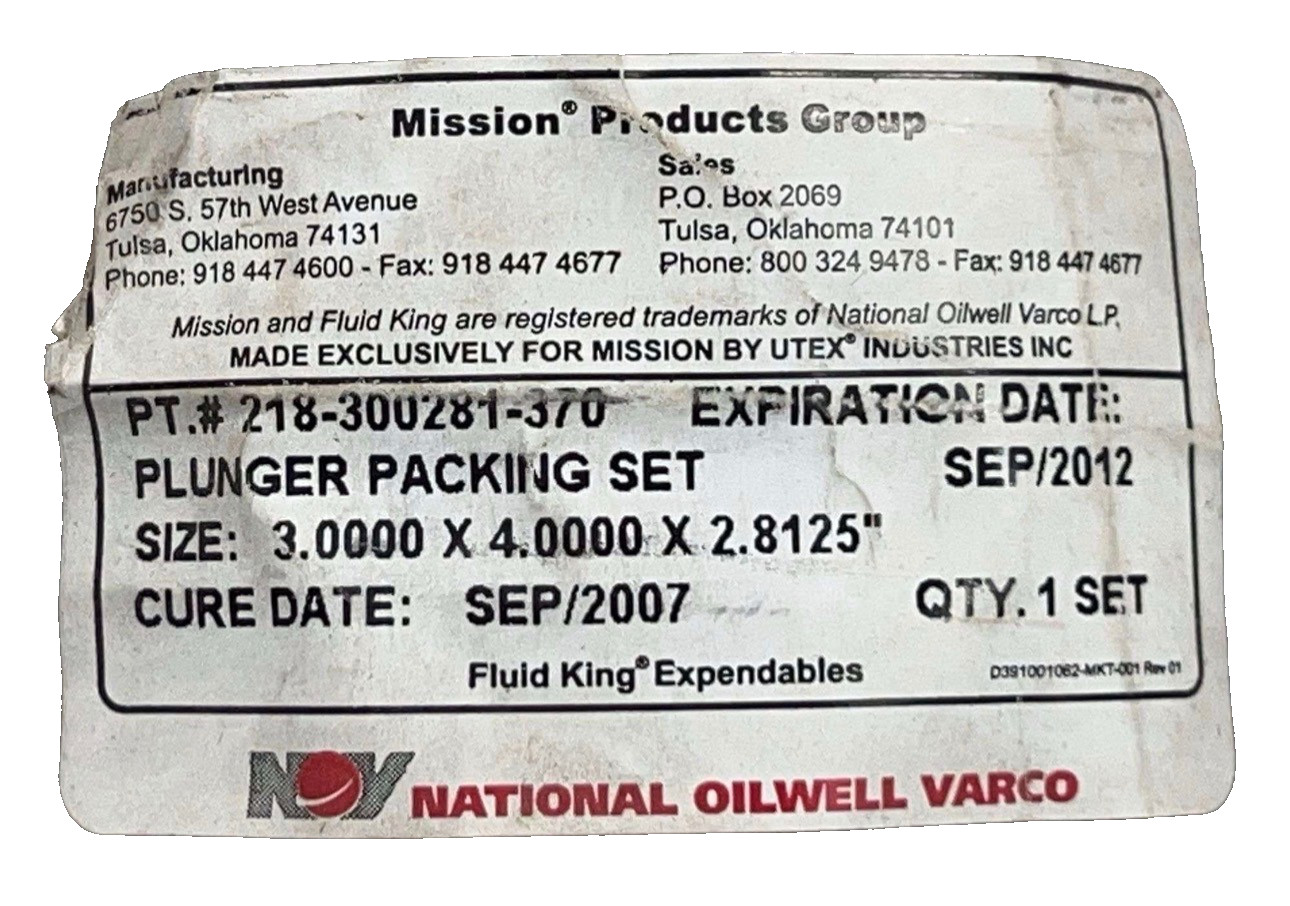 National Oilwell Varco Plunger Packing Set Industrial 3.0000X4.0000X2.8125 Seal