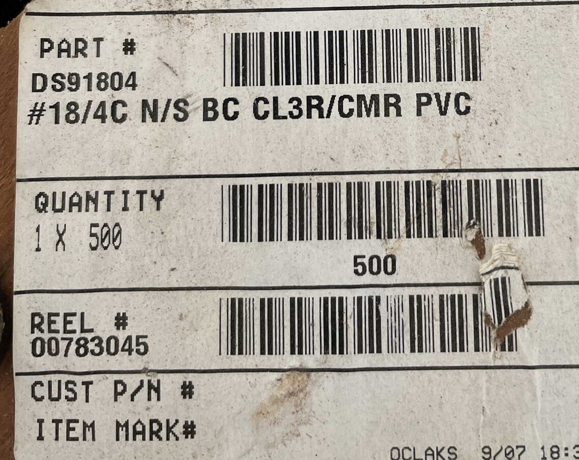 18/4C N/S BC CL3R/CMR PVC Omni Cable p/n DS91804 1 x 500’ spool