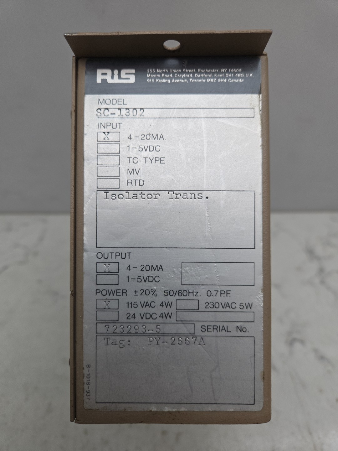 RIS SC-1302 Voltage/Current Isolated Transmitter 115VAC 4-20mA 1-5VDC 4W 50/60Hz
