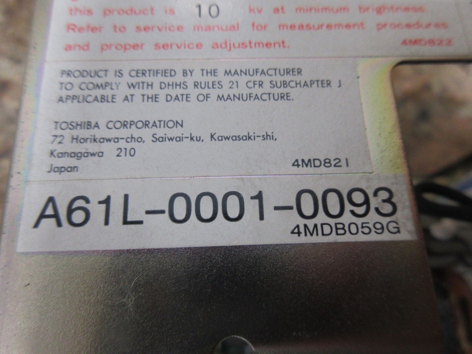 TOSHIBA CRT DISPLAY MONITOR A61L-0001-0093 4MDB059G D9MM-11A 1997
