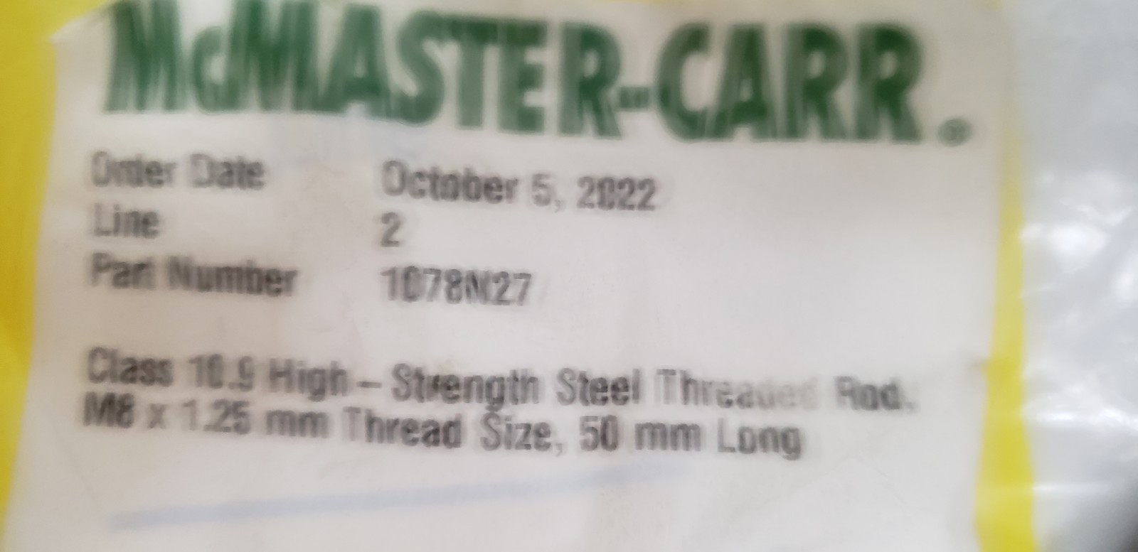 McMASTER-CARR. 1078N27 THREADED ROD, STEEL, M8x1.25mm, 50mm LONG (LOT OF 2) NNB