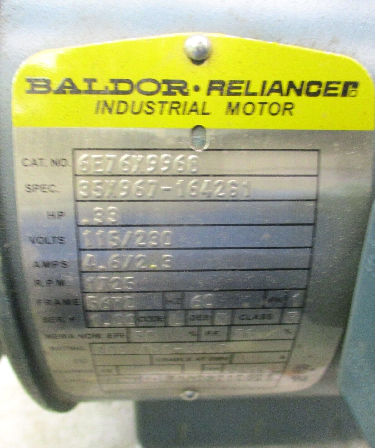 Baldor Reliance 6E76X9968 Industrial Motor 35X967-164261 .33HP 115/230V A6975WVS