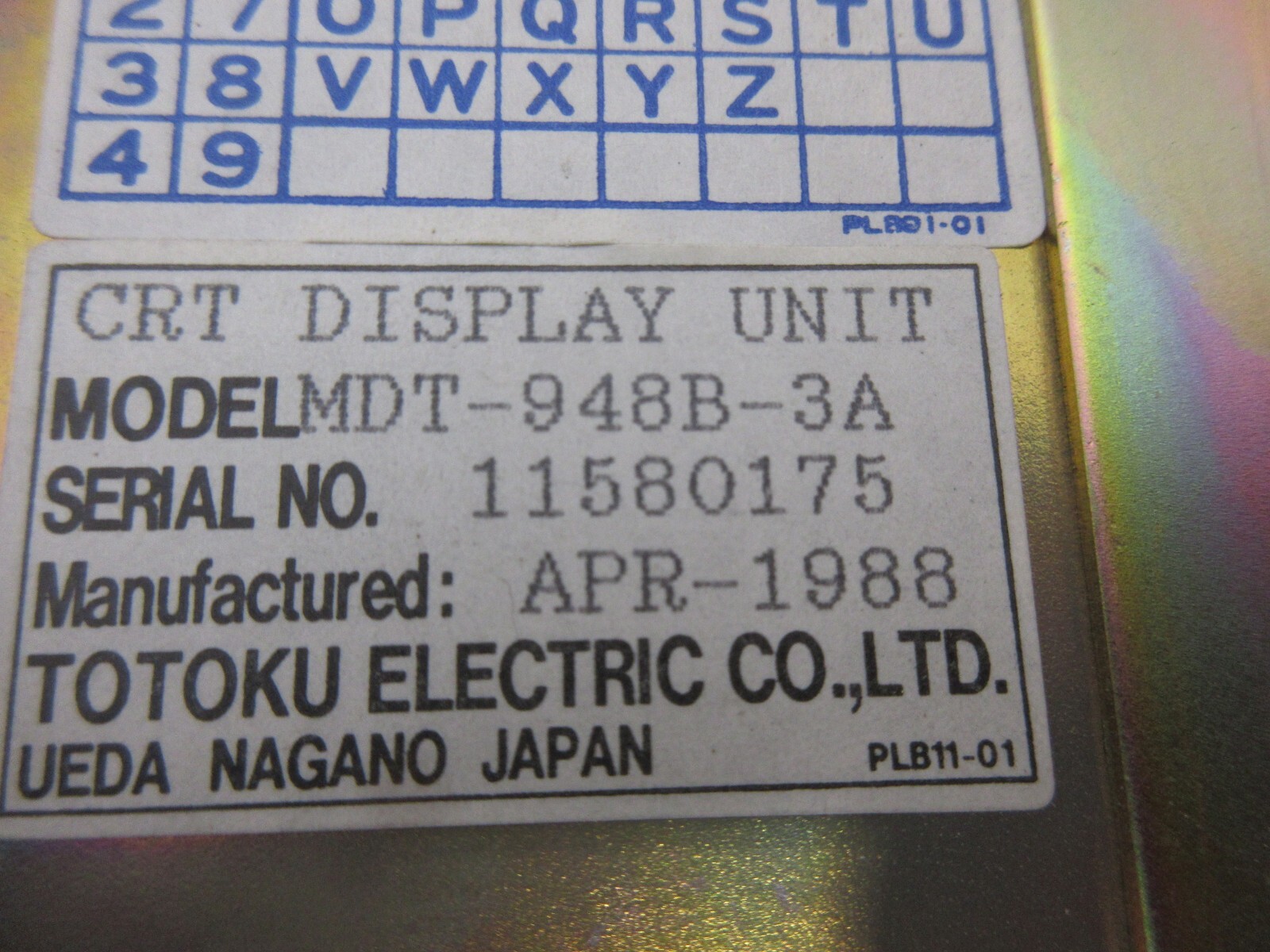 *SPECIAL PRICE* TOTOKU CRT DISPLAY UNIT MDT-948B-3A 11580175 APR-1988 PLB11-01