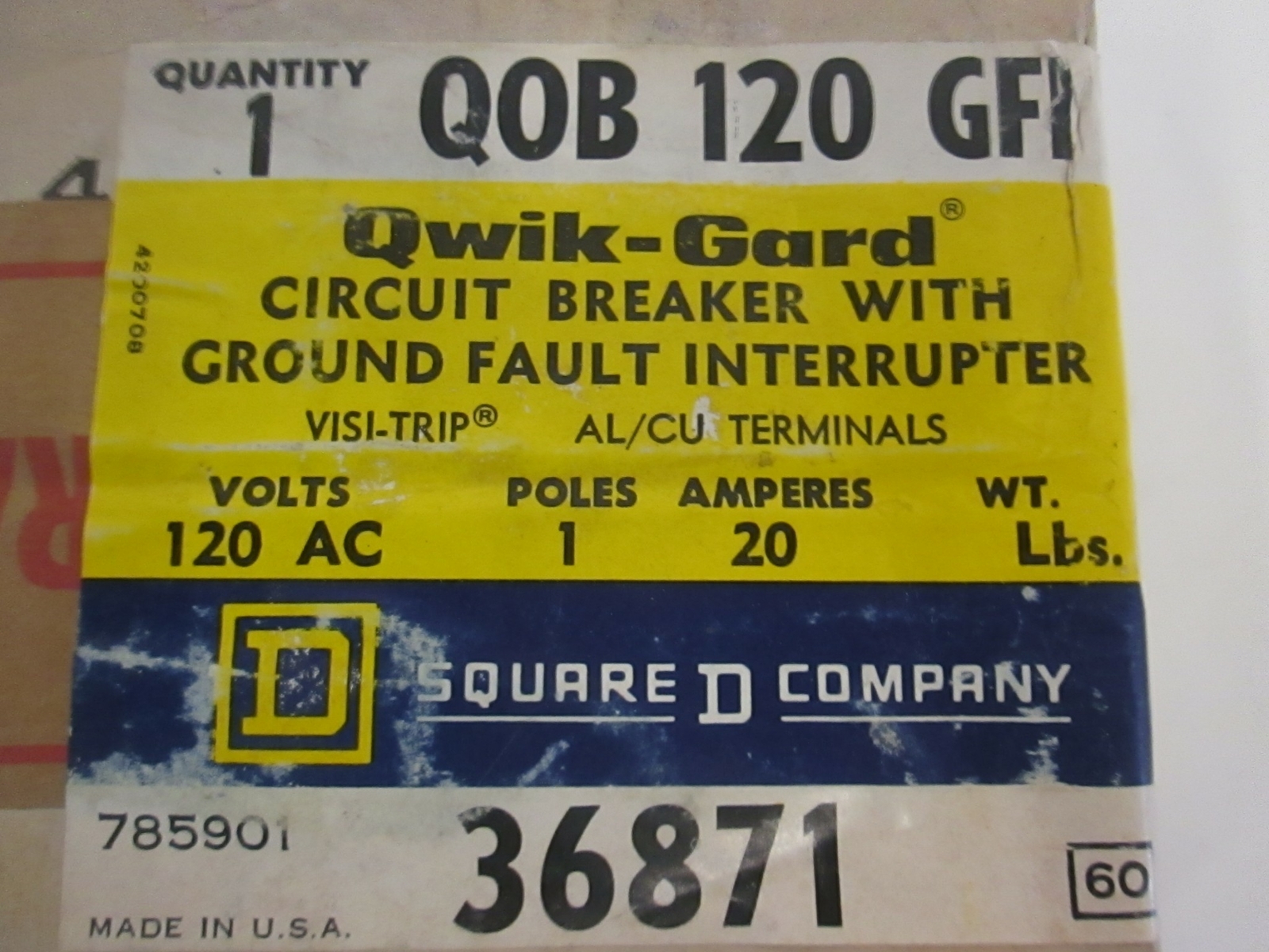Square D, Q0B120GFI, 1 Pole Circuit Breaker w/Ground Fault Interrupter, New