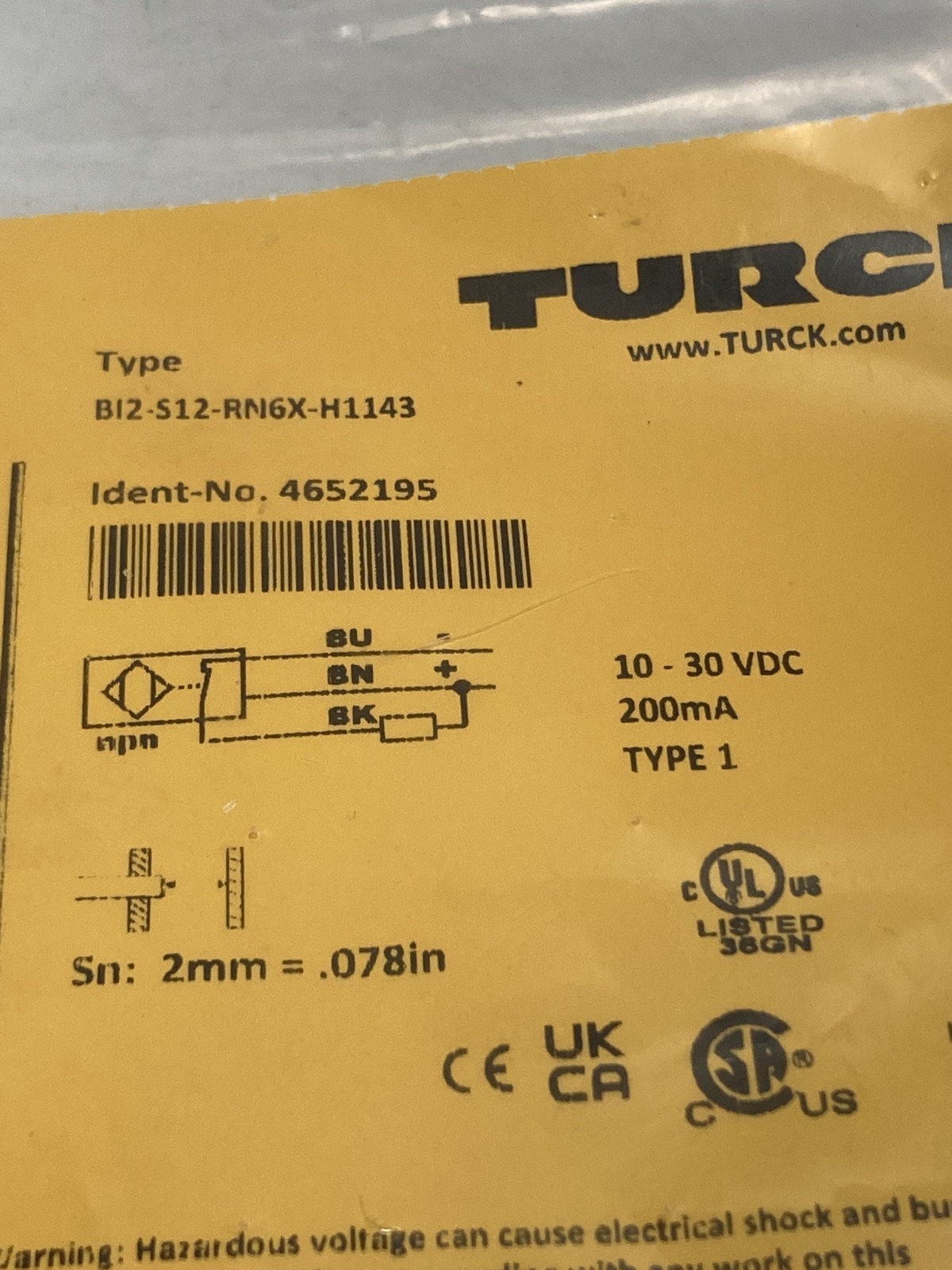 TURCK BI2 S12-RN6X-H1143 (4652195) PROXIMITY SENSOR 10-30VDC2MM SENSING NIB