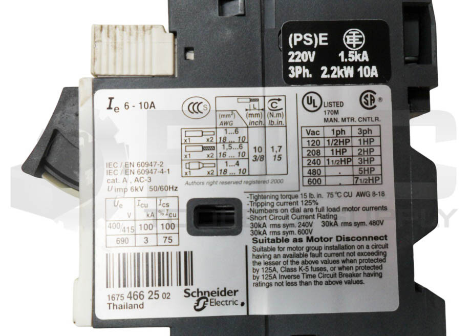 SCHNEIDER ELECTRIC GV2ME14/6-10A CIRCUIT BREAKER 6-10A 220V 3PH