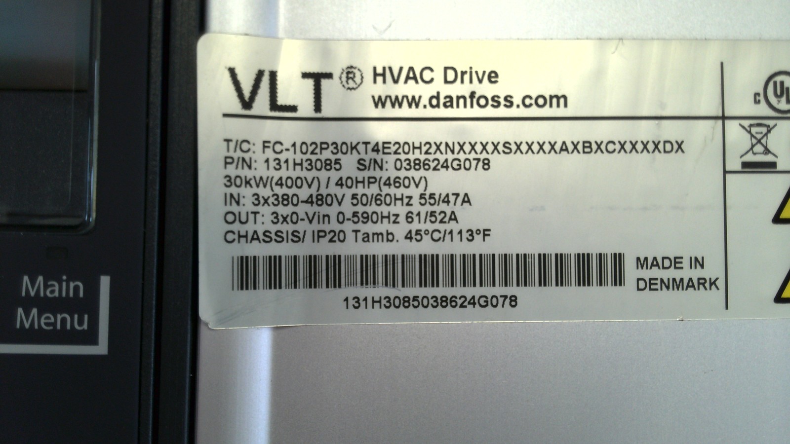 USSP DANFOSS 131H3085 VLT HVAC Drive FC-102P30KT4E20H2XNXXXXSXXXXAXBXCXXXXDX